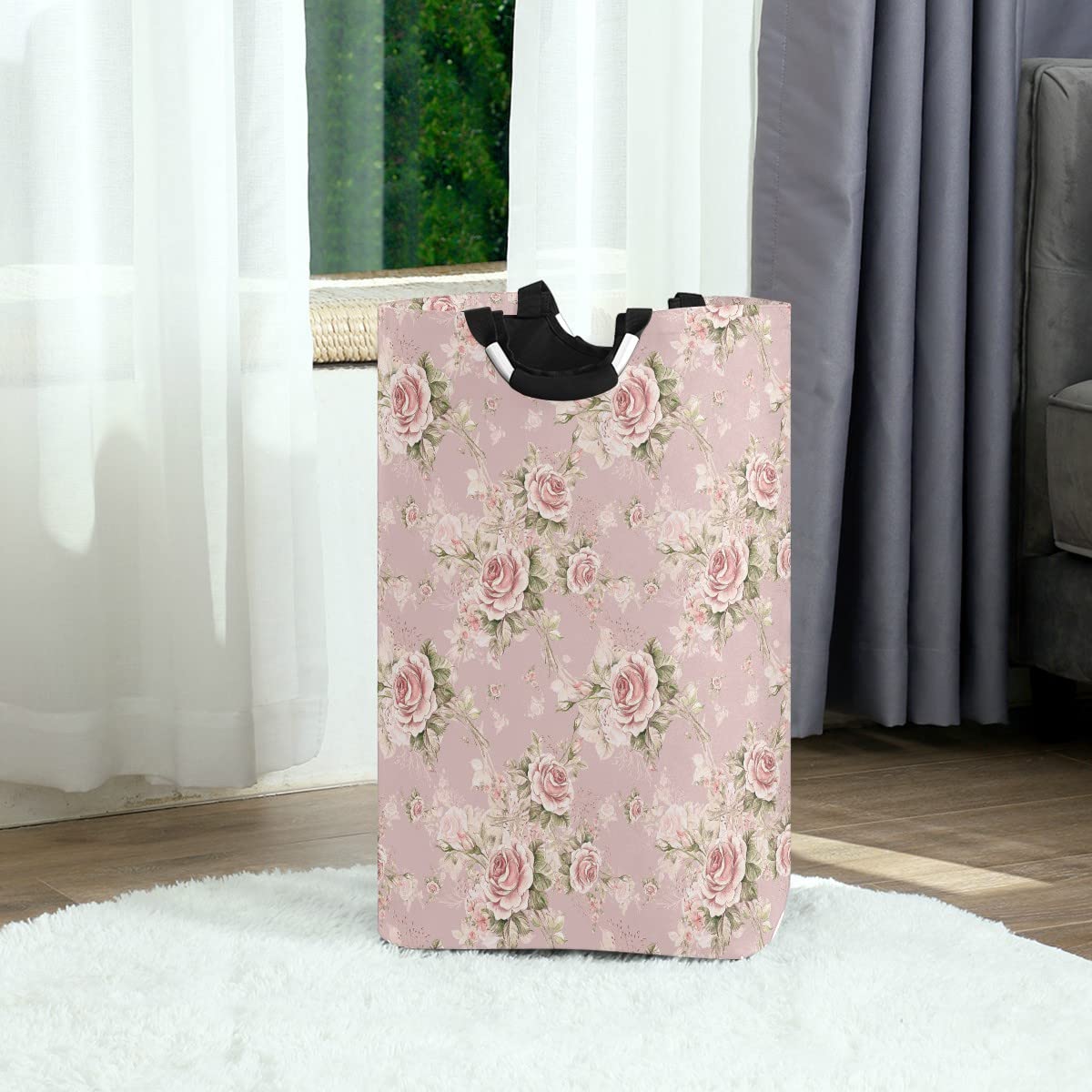 MNSRUU Foldable Laundry Bag with Handles - Pink Rose Flower Collapsible Laundry Basket Hamper for Home, Dorm & Travel - Perfect for Laundry Room Decor, Bathroom Organization & Storage