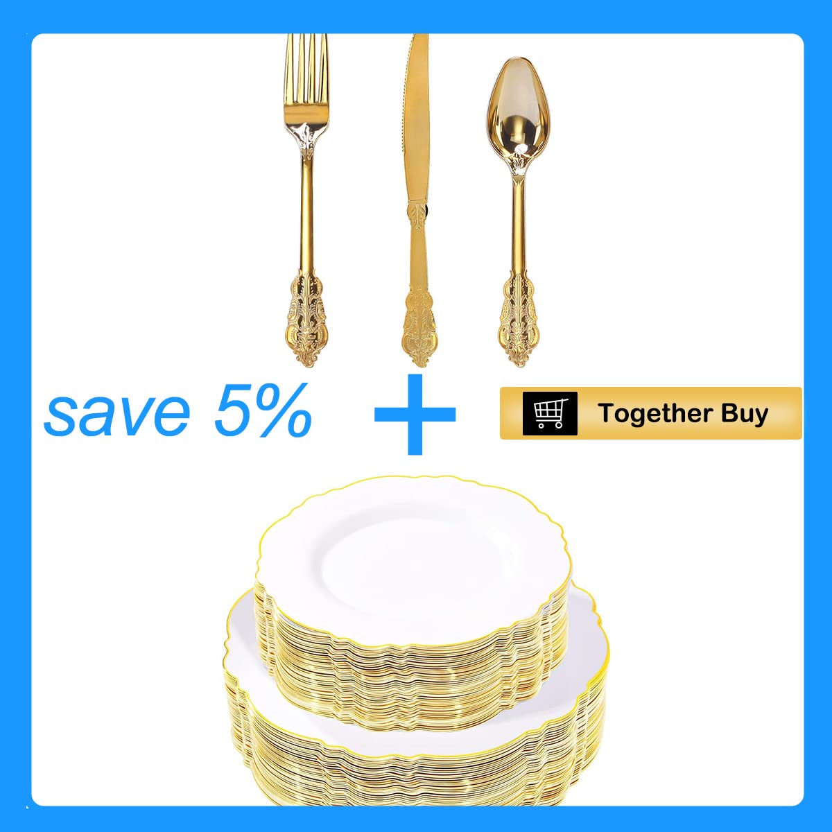 100-Pack Gold Plastic Plates & 300-Piece Gold Plastic Silverware Set – Elegant Disposable Tableware for Parties, Weddings, and Events