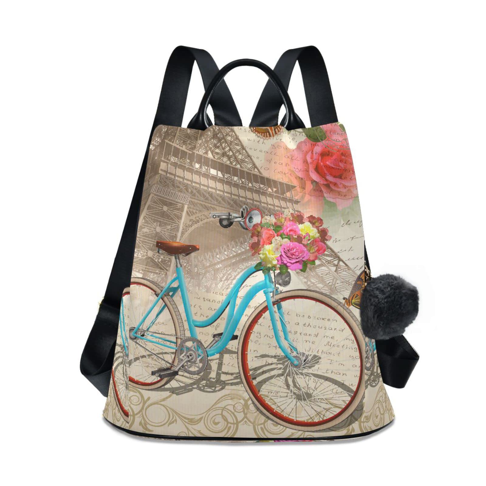 Vintage Paris Bike Flower Backpack for Women - Anti-Theft Fashion Backpack Purse, Casual Travel Bag for Cycling, Commuting & Sightseeing