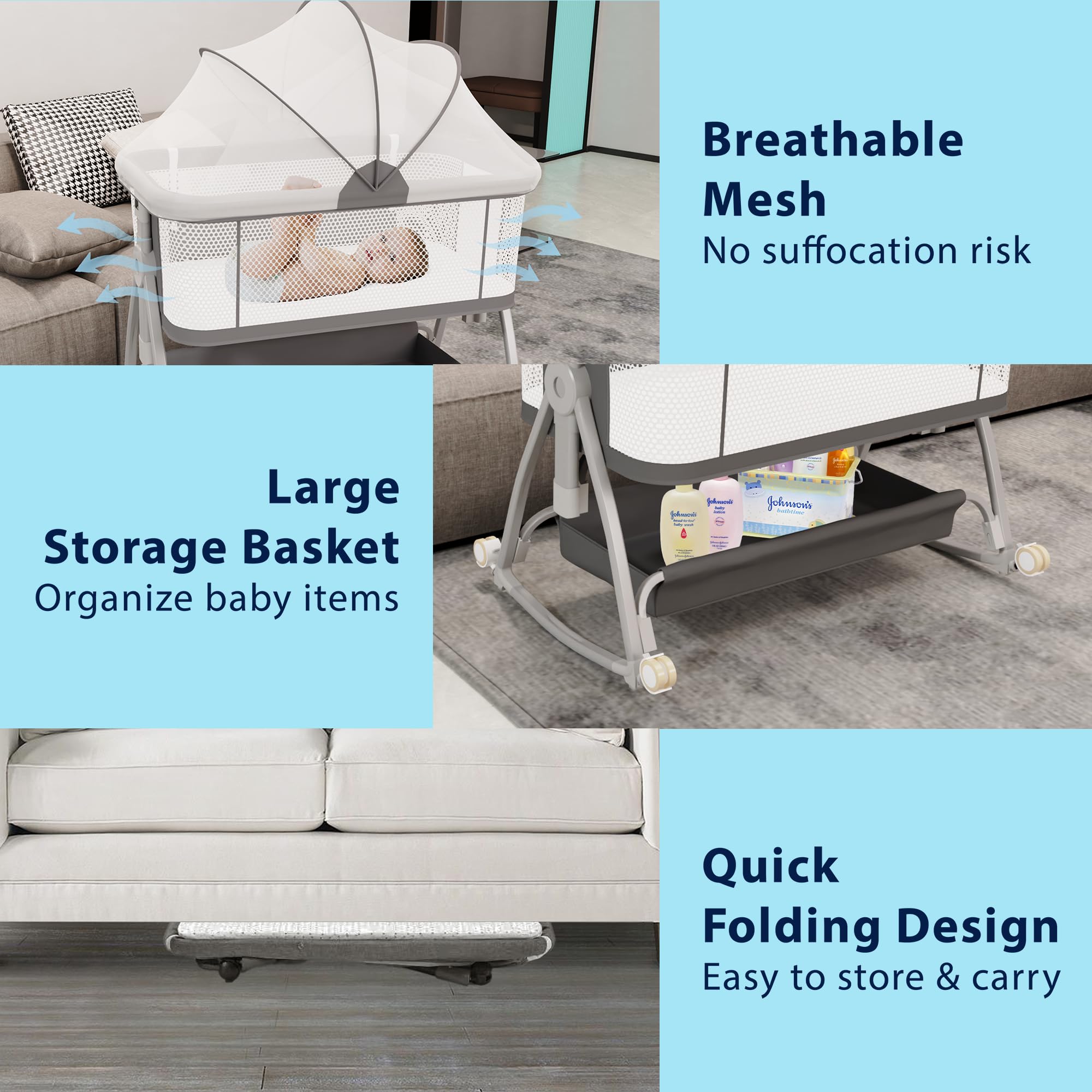 3-in-1 Adjustable Baby Bassinet Bedside Sleeper with Mattress & Wheels - 5 Height Settings, Gray Rocking Crib for Newborns - Perfect for Nursery, Bedroom & Travel Use
