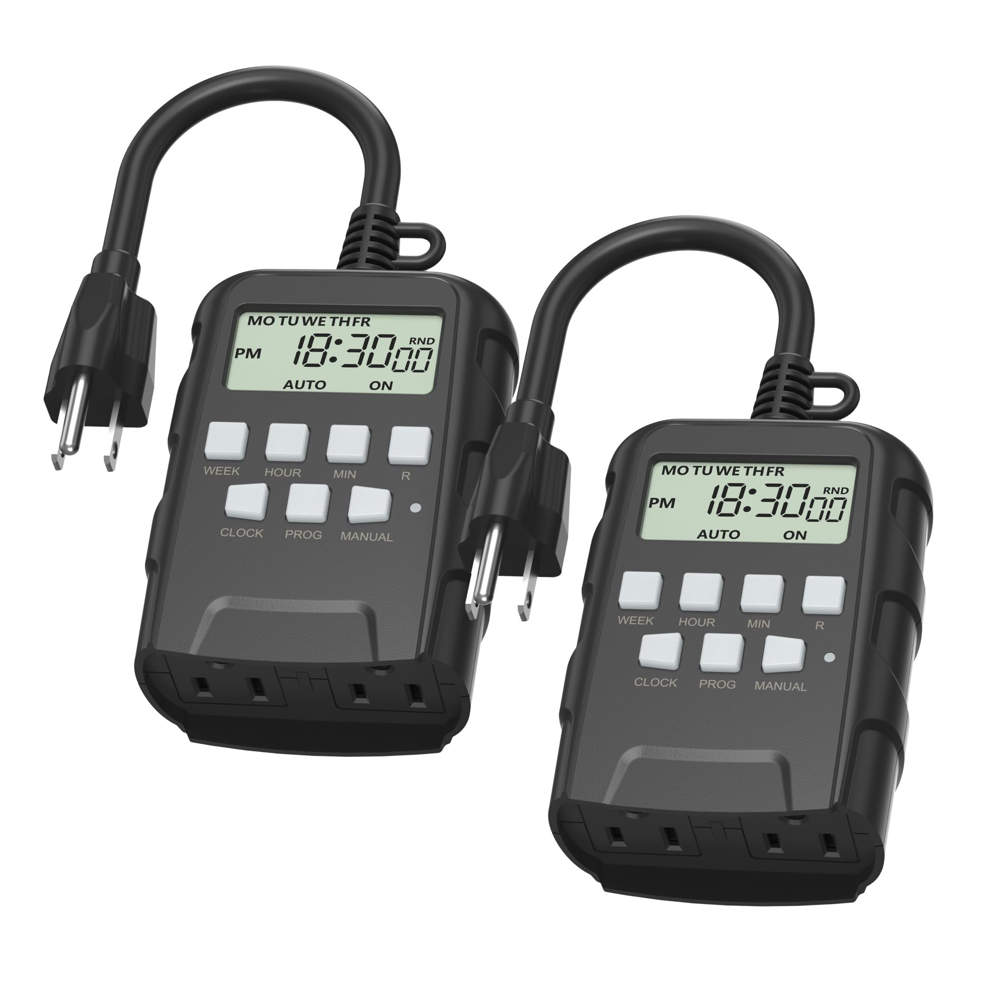 BN-LINK 7 Day Heavy Duty Digital Programmable Timer - Outdoor Waterproof Electrical Outlet with Grounded Plug for Christmas Lights, Lamps & Ponds (1875W 1/2HP, ETL Listed) - 2 Pack - Perfect for Holiday Decorations, Garden Lighting & Aquarium Equipment