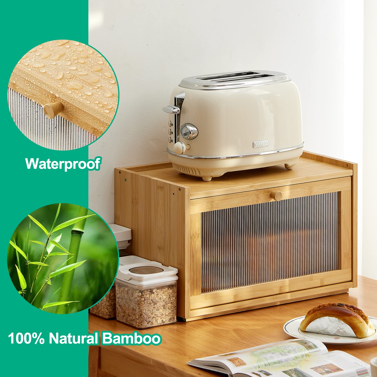 Large Bamboo Bread Box for Kitchen Counter - Farmhouse Style Bread Storage Container with Wavy Acrylic Transparent Door | Perfect for Storing Bread, Pastries & Baked Goods in Your Home Kitchen