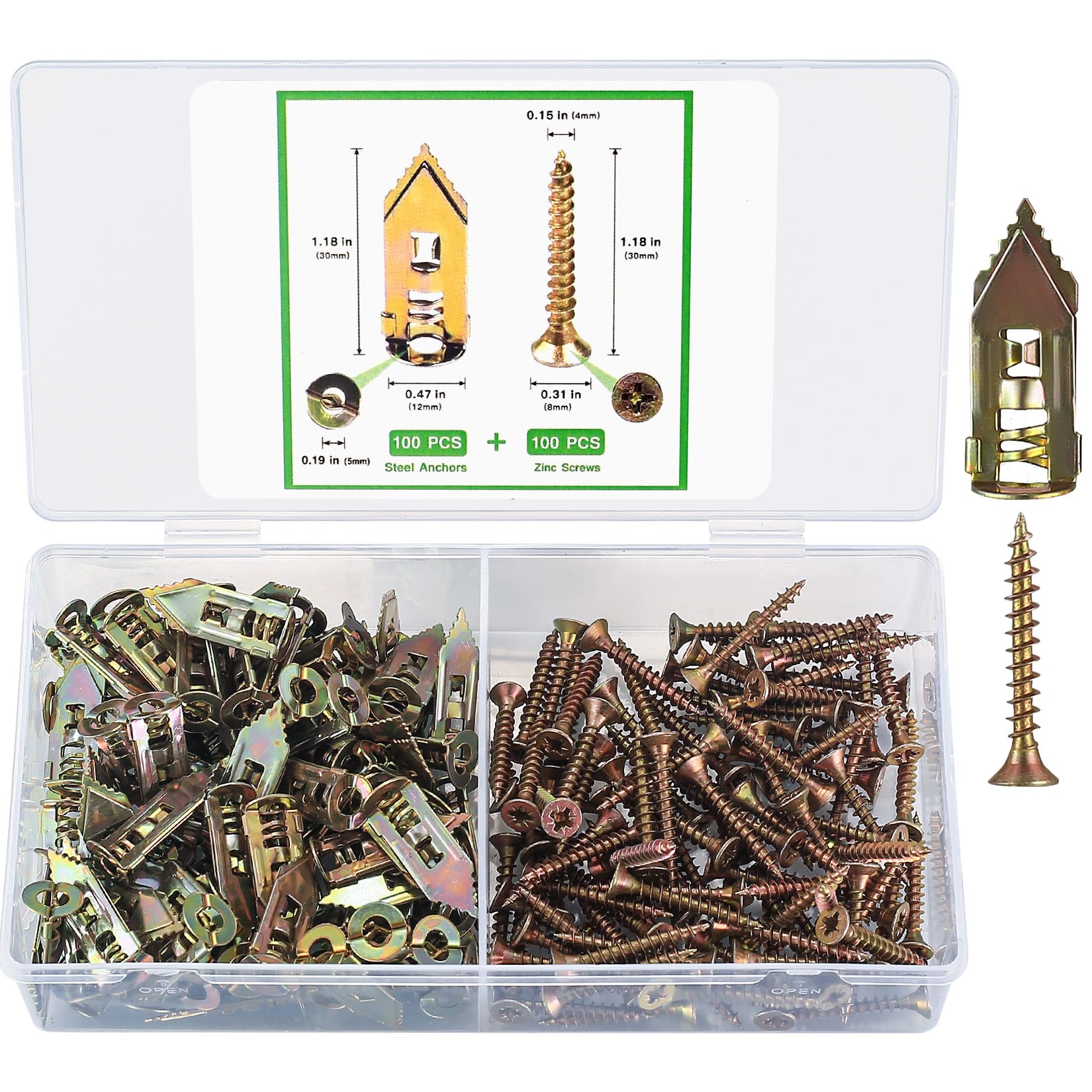 200 Pcs Self Drilling Drywall Anchors with Screws - Heavy Duty Metal Hollow Wall Anchor Kit for TV Mounting, Shelves & Curtains (100 Anchors 0.47x1.18 inch + 100 Screws) - No Drilling Required, Damage-Free Wall Installation Solution