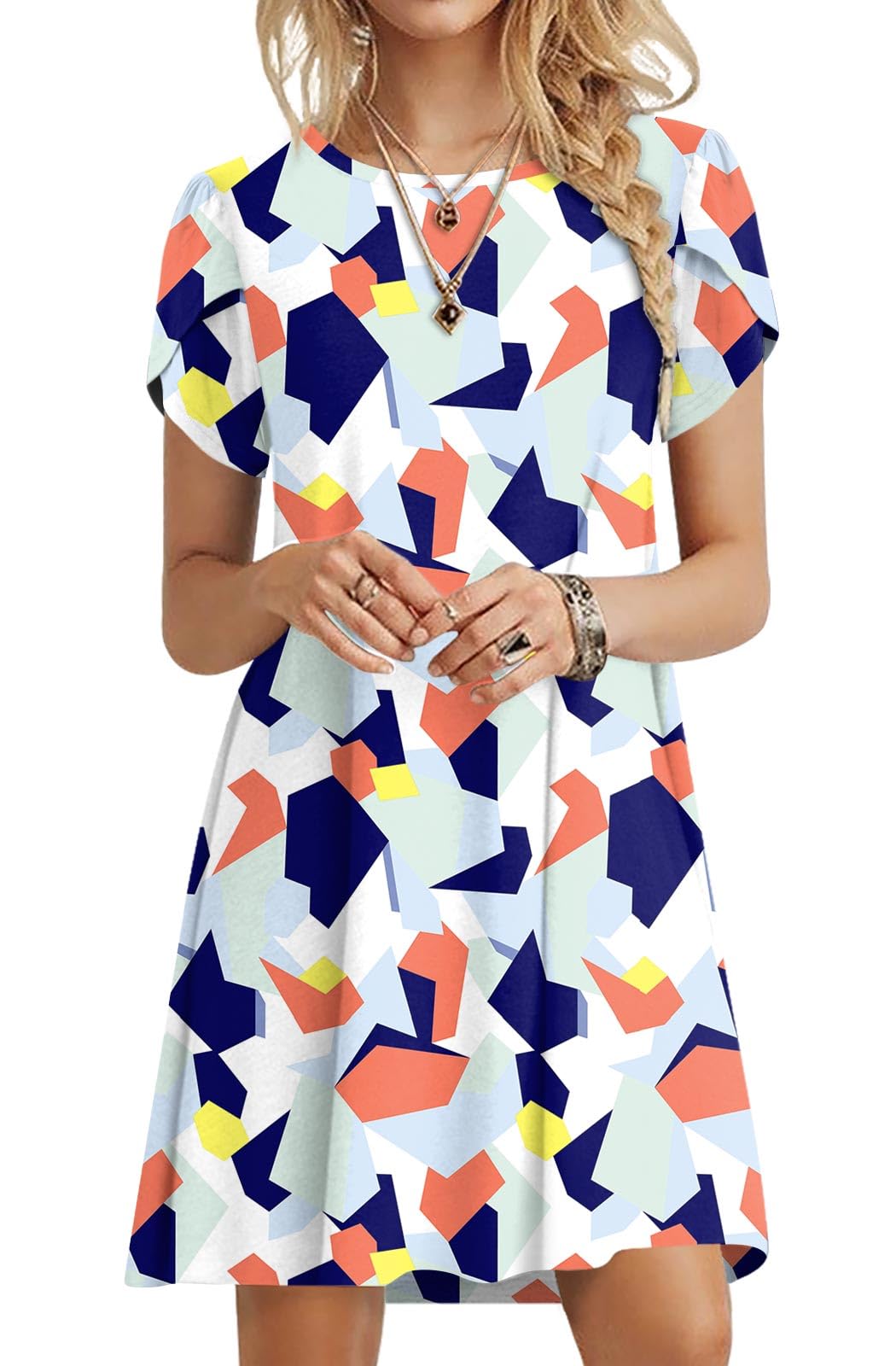 POPYOUNG 2023 Women's Summer Short Sleeve Casual Dress - Crew Neck Flowy Beach Cover Up Dress for Vacation, Pool Party & Outdoor Activities