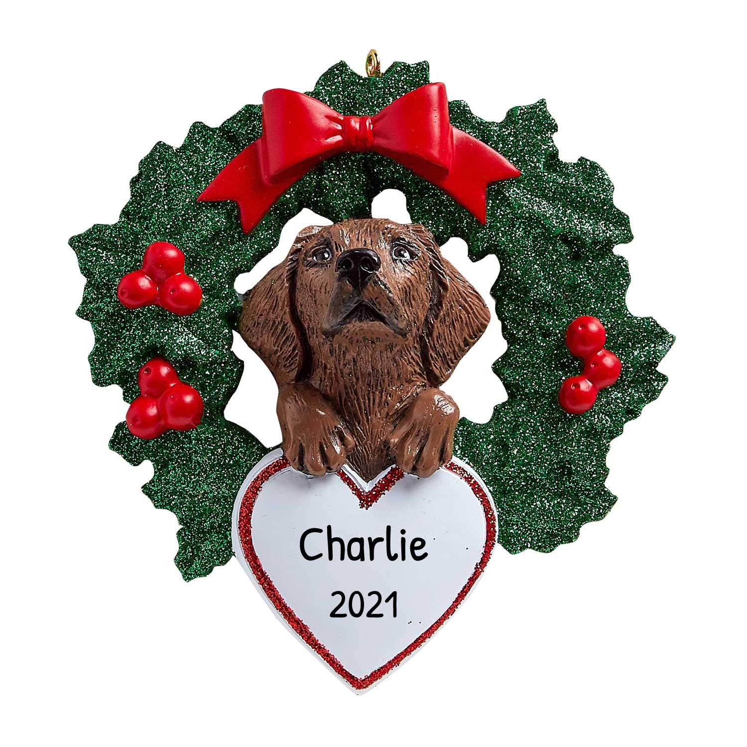 2024 Personalized Dog Christmas Ornaments - Custom Chocolate Lab Wreath Heart for Dog Lovers | First Christmas Gift for Dogs | Handmade Pet Keepsake by Elves | Perfect for Tree Decor & Holiday Gifting