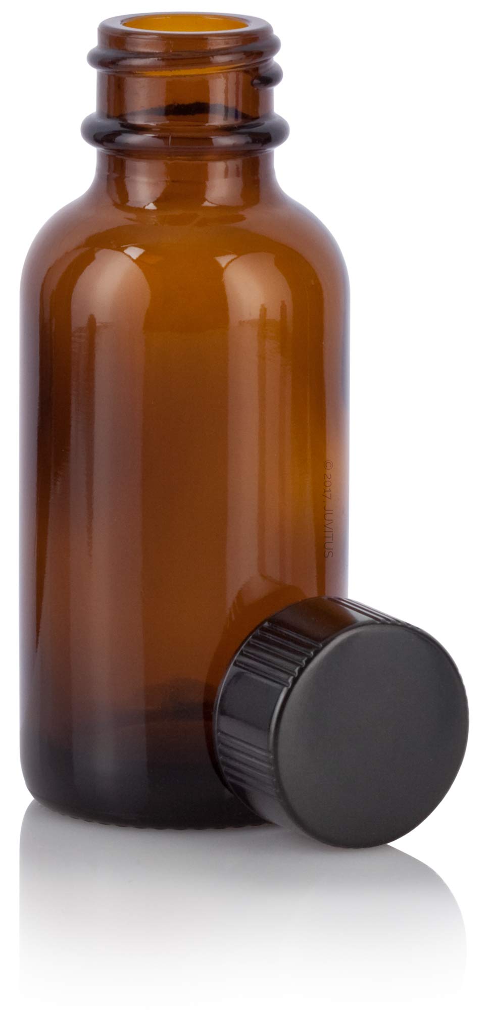 JUVITUS 1 oz (30 ml) Amber Glass Boston Round Bottle with Airtight Phenolic Cap - 24 Pack + Free Funnel - Essential Oil, DIY Beauty, Herbal Tincture Storage Solution for Home & Travel