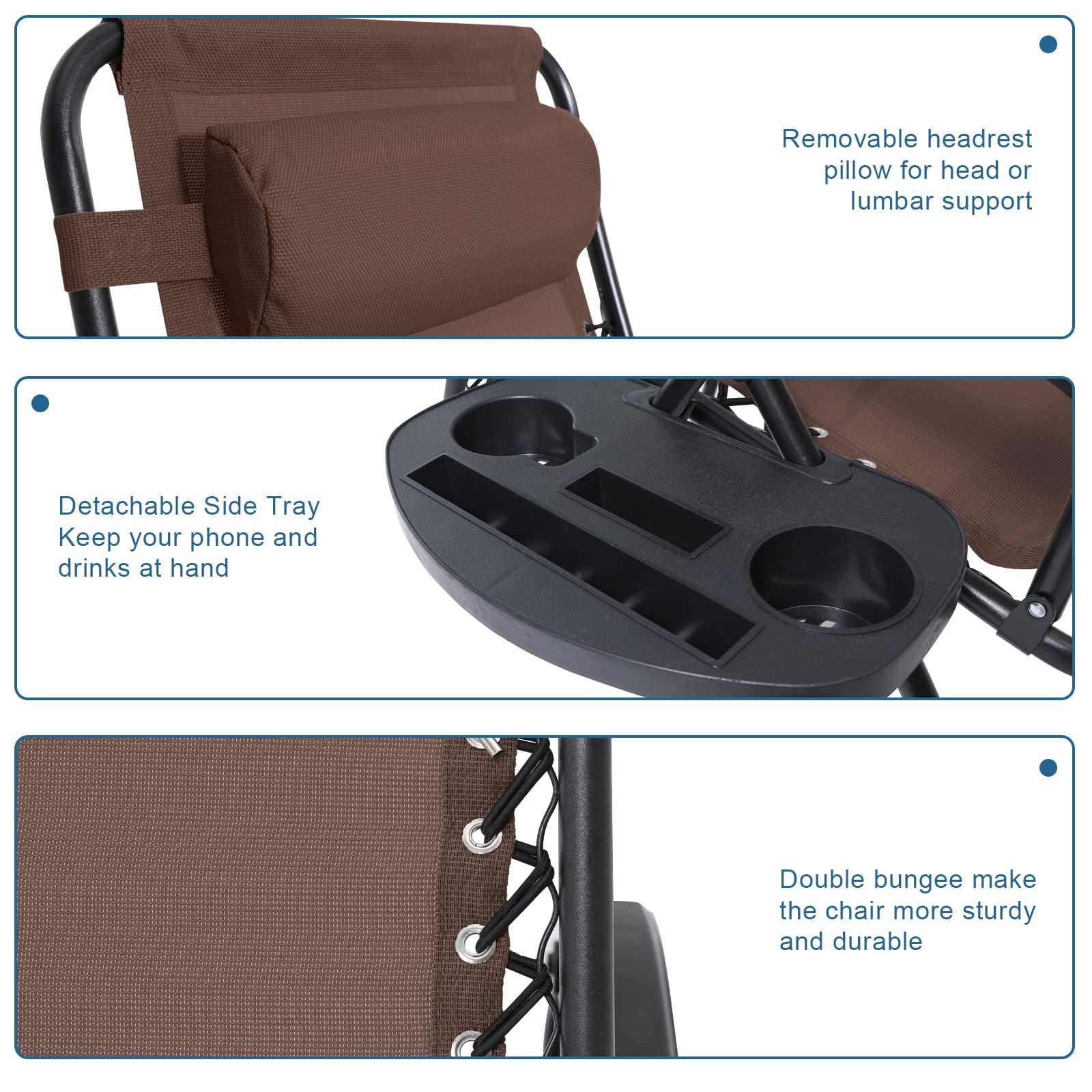 ABCCANOPY Zero Gravity Adjustable Reclining Patio Lounge Chair with Removable Pillow & Cup Holder Tray - Outdoor Relaxation for Pool, Beach, Garden, Backyard (Brown)