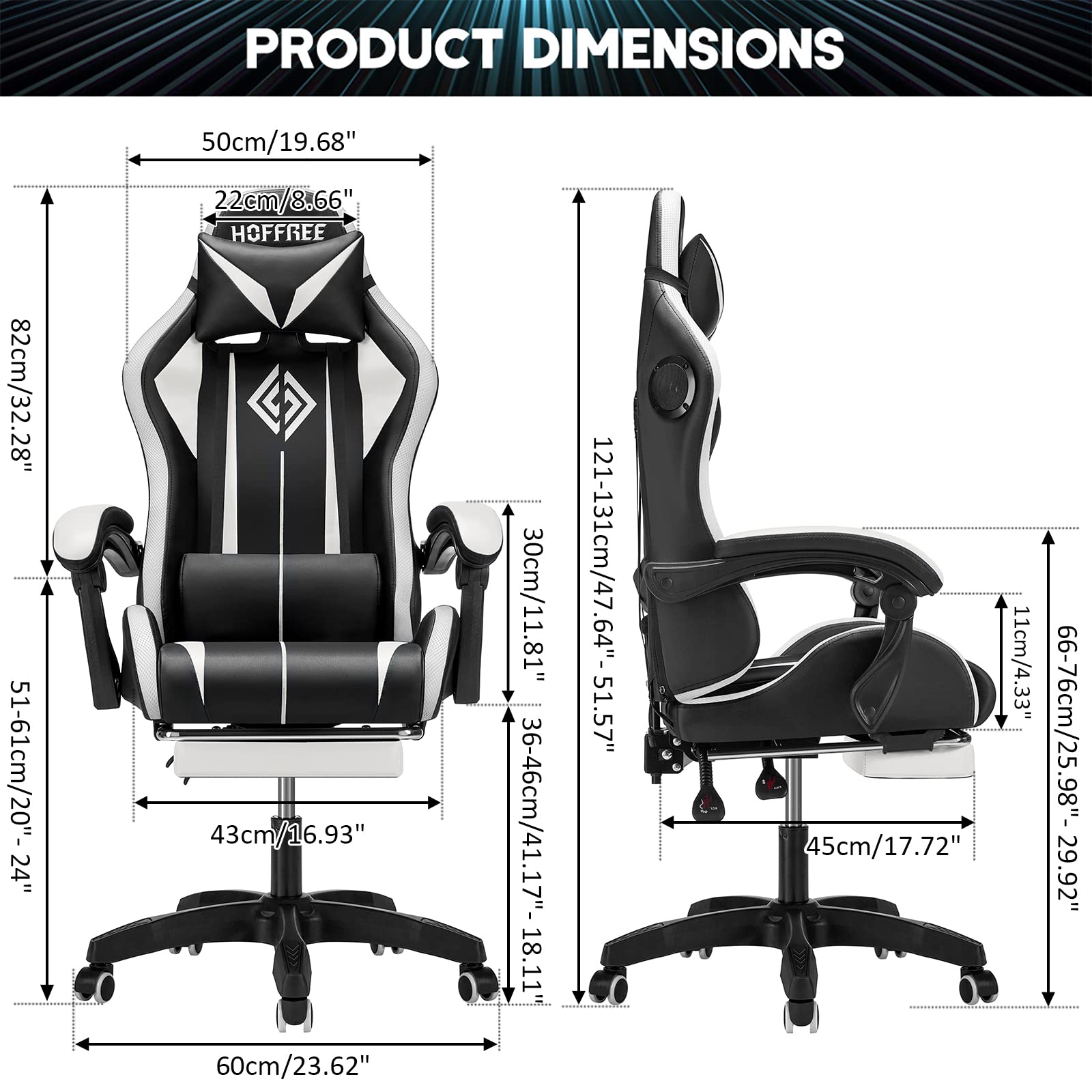 Ergonomic Gaming Chair with Built-in Speakers, RGB LED Lights & Massage - High Back Computer Chair with Adjustable Lumbar Support & Footrest - Perfect for PC Gaming, Streaming & Home Office (White & Black)