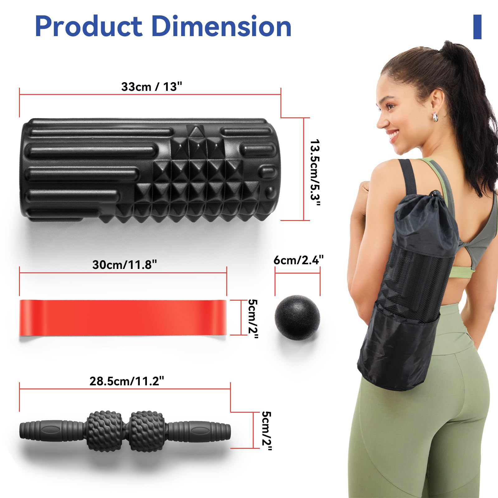 5 in 1 Foam Roller Set - Back Roller Foam, Muscle Roller Stick, Massage Ball & Resistance Band for Physical Therapy, Deep Tissue Massage & Muscle Recovery (Black) - Perfect for Home Gym, Yoga, Pilates & Post-Workout Recovery