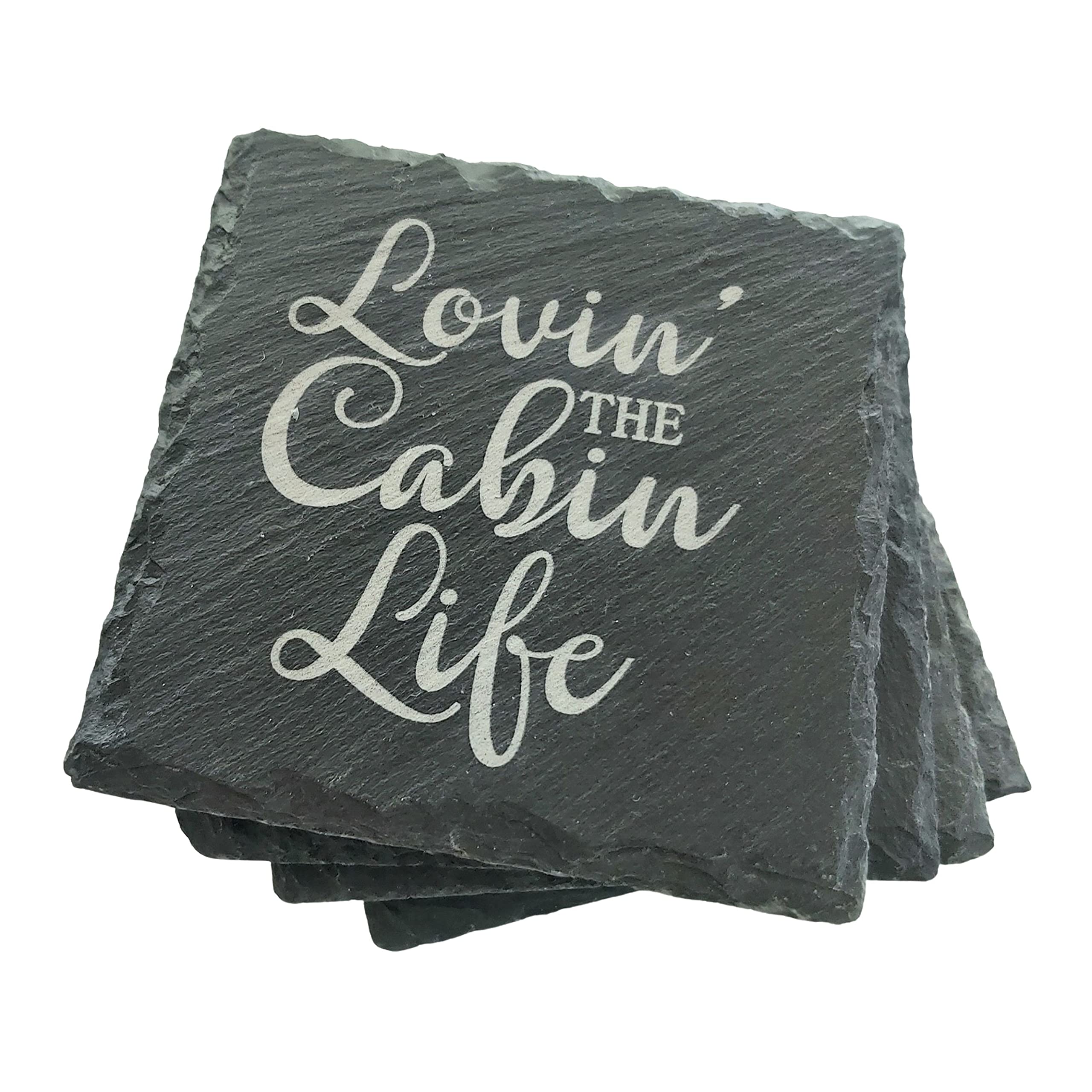 Lovin the Cabin Life Slate Coasters - Rustic Housewarming Gifts for Cabin & Mountain Home Decor - Perfect for Coffee Tables, Fireplace Mantels & Cabin Retreats