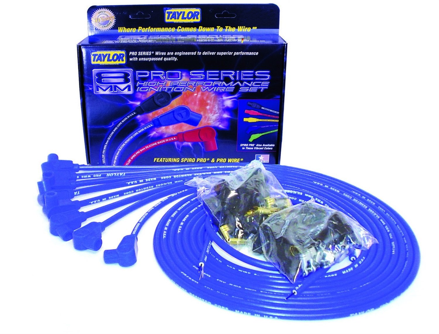 Taylor Cable 70651 8mm Pro Wire Blue Spark Plug Wire Set - High Performance Ignition Wires for Cars, Trucks & SUVs - Perfect for Engine Upgrades & Tune-Ups