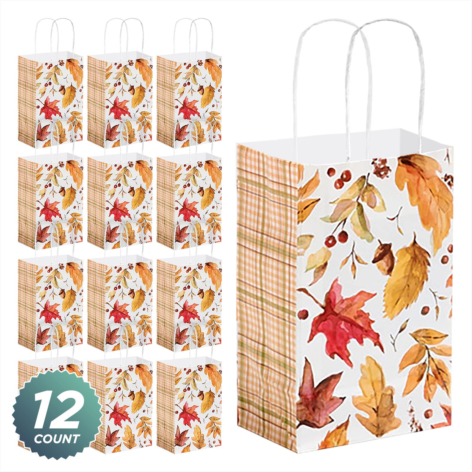Falling Leaves Paper Gift Bags - 12 Pack Small Party Favor Bags 5.25x3.5x8.25 inches - Autumn Thanksgiving Decorations & Birthday Party Supplies - Perfect for Halloween, Christmas, Wedding Favors and Baby Shower Gifts
