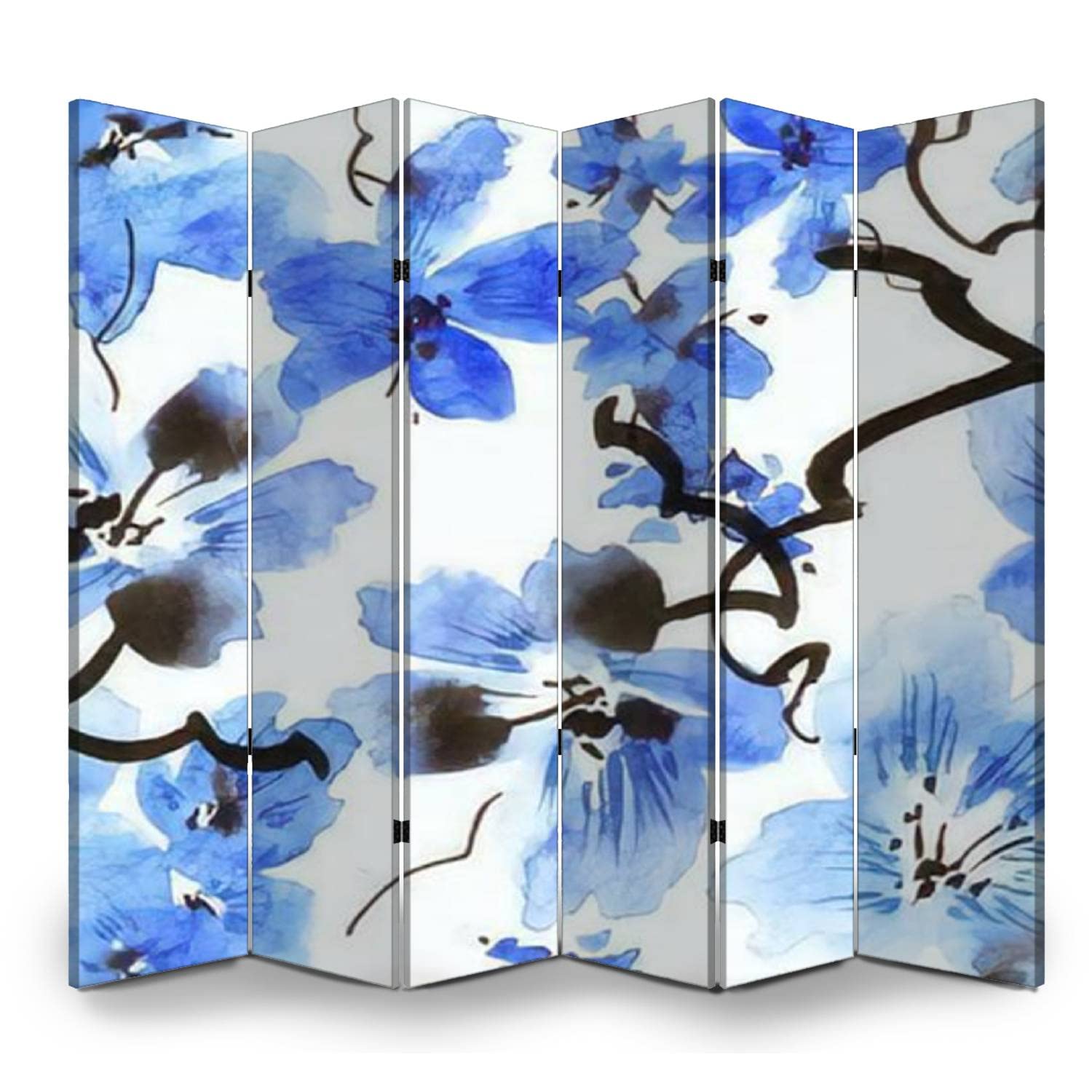 6 Panel Canvas Room Divider - Hand-Painted Blossom Tree with Blue Flowers, Asian Inspired Privacy Screen for Home, Office & Bathroom | Perfect for Room Separation, Decoration & Space Division
