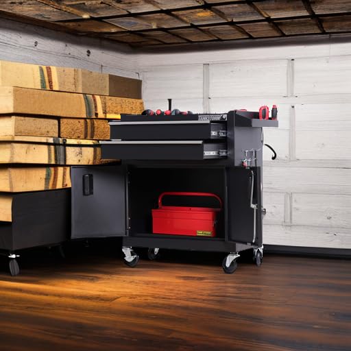 Heavy Duty Steel Rolling Tool Chest with Lockable Doors - TZ12 Black Tool Box for Professional Mechanics & DIY Garage Storage | Organize Wrenches, Screwdrivers & Power Tools