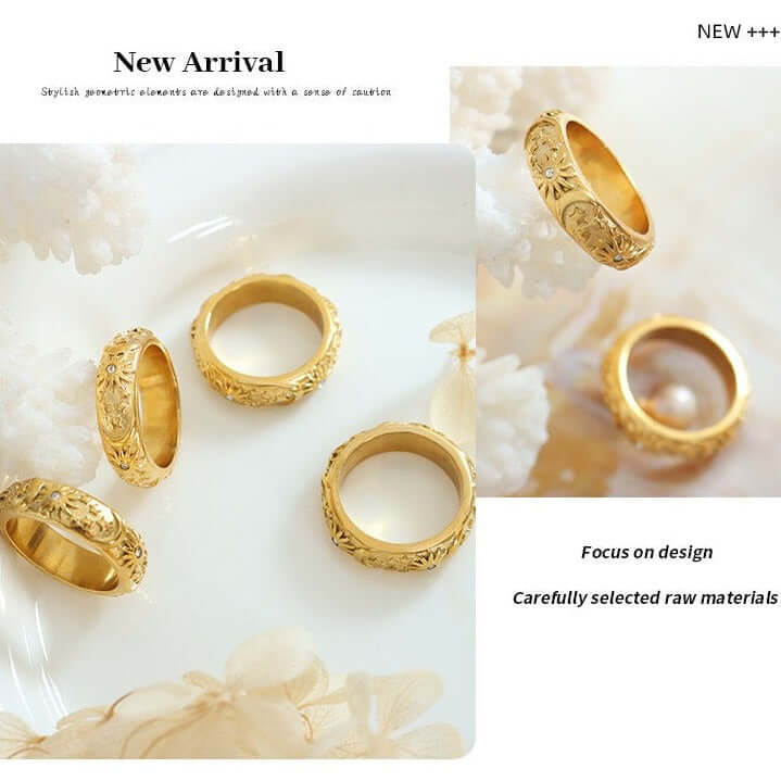 18K Vintage Gold 3D Carved Sun Moon Ring for Women - Handmade Boho Jewelry - Perfect for Gift Giving, Boho Fashion & Spiritual Occasions