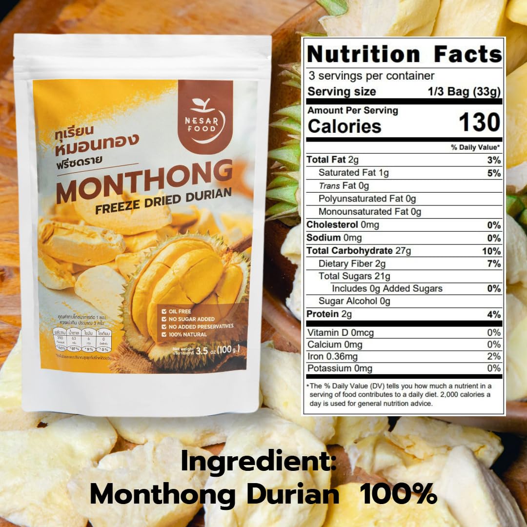 Premium Freeze Dried Durian 100% Natural - No Sugar Added, Real Fruit Snack, Crunchy & Delicious (3.5 oz) - Perfect for Healthy Snacking, Camping, Hiking & On-the-Go Nutrition