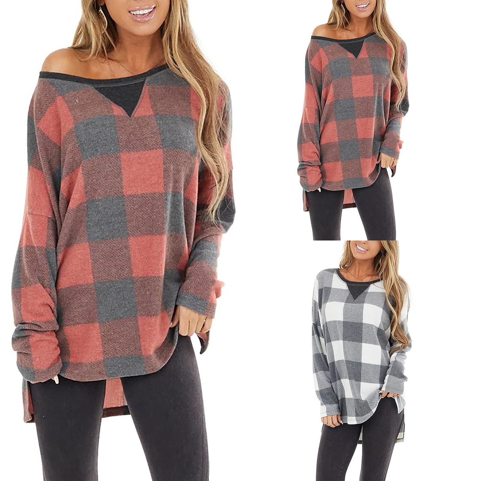 Women's Summer Plaid T-Shirt - Fashion Casual Crewneck Long Sleeve Blouse | Loose Fit Graphic Tunic Top for Beach, Travel & Everyday Wear