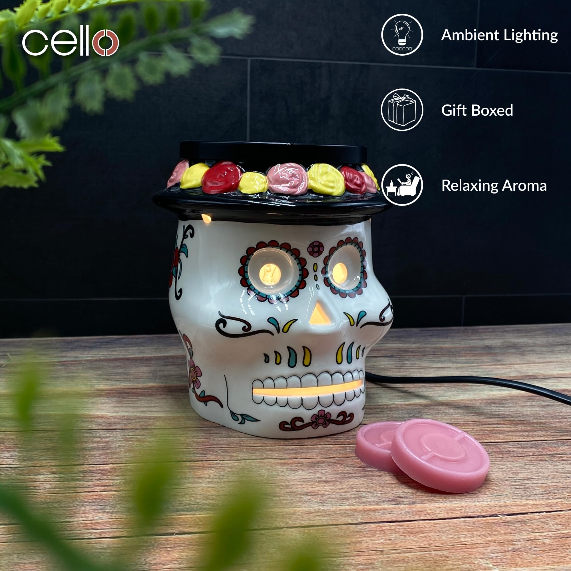 Premium Cello Sugar Skull Electric Wax Melt Burner - Perfect for Home, Office & Halloween Decor