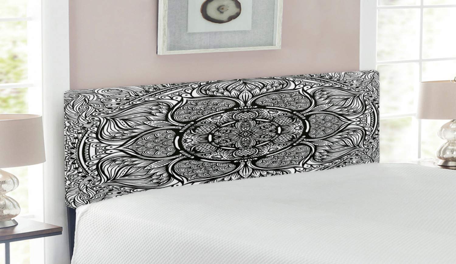 Ambesonne Ethnic Queen Size Headboard - Hand Drawn Mandala & Paisley Boho Design, Upholstered Decorative Metal Bed Frame with Memory Foam in Black & White | Perfect for Bohemian Bedroom Decor, Guest Rooms & Meditation Spaces