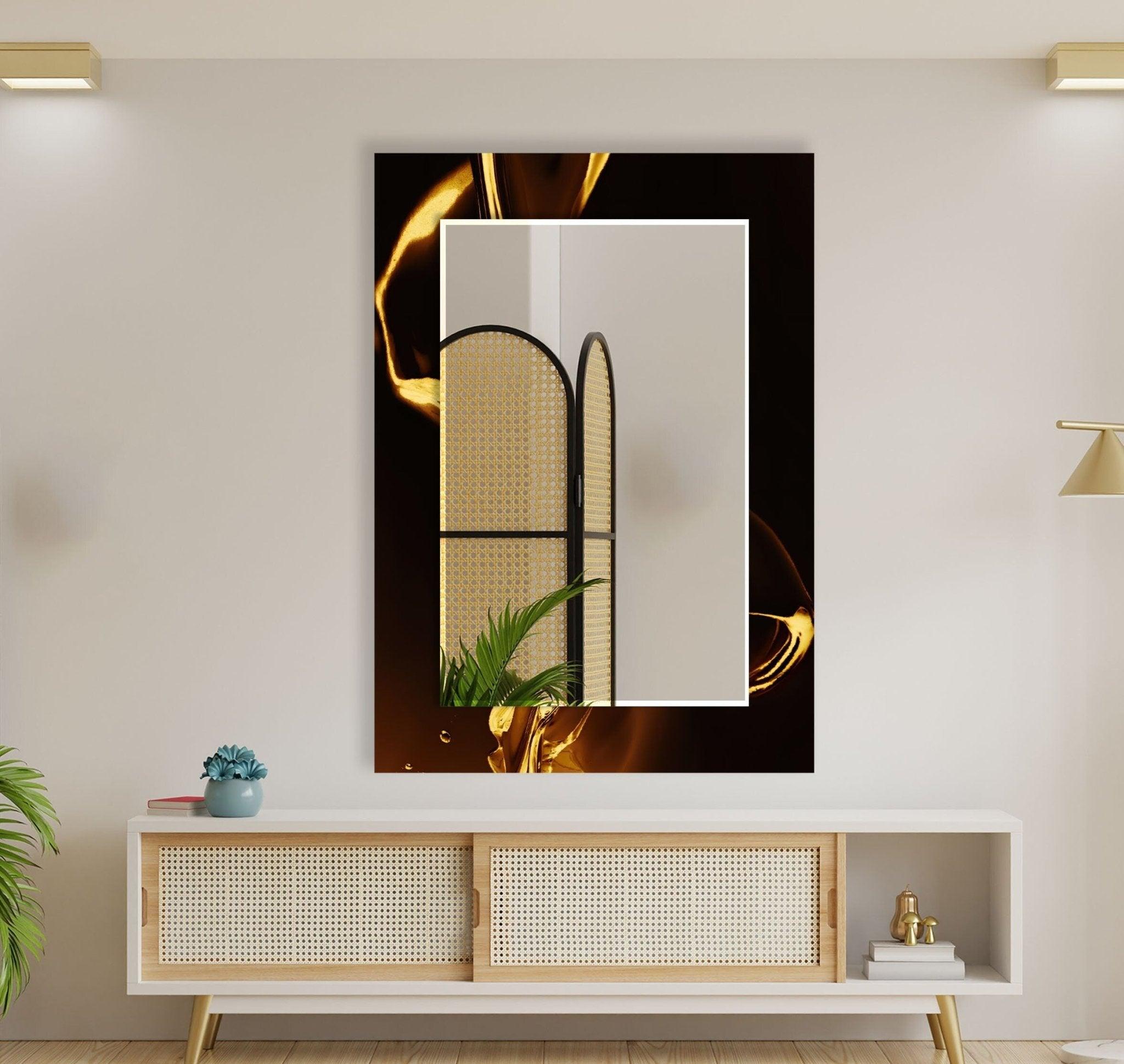 Abstract Black & Gold Framed Wall Mirror - Modern Decorative Mirror for Living Room, Bedroom & Entryway - Elegant Home Decor & Stylish Vanity Mirror