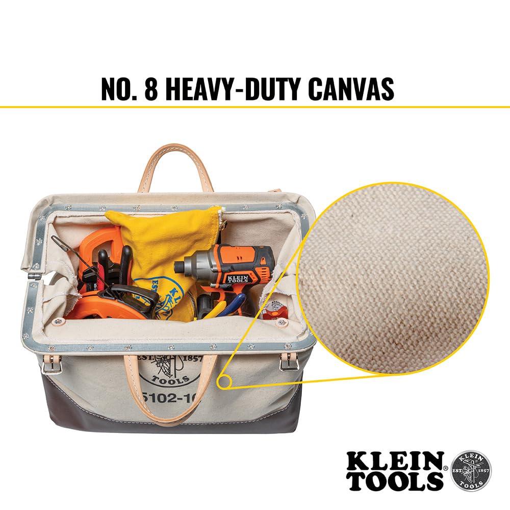 Klein Tools 5102-16 Heavy Duty Natural Canvas Tool Bag - 16-Inch Multi-Purpose Tool Tote with Wide Hinged Opening & Leather Handles - Perfect for Electricians, Contractors & DIY Home Improvement Projects