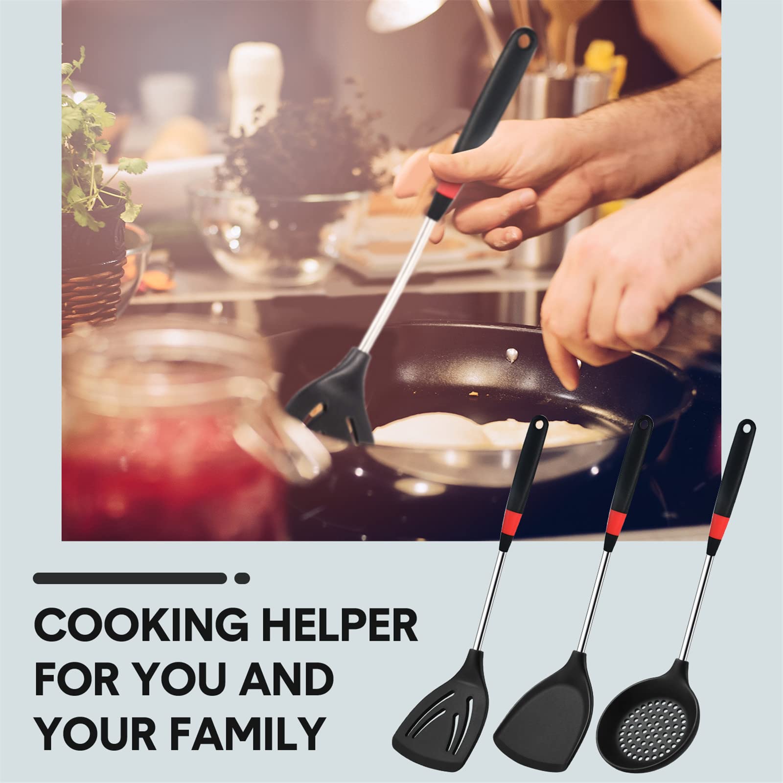 3-Piece Silicone Stainless Steel Spatula Set - Flexible Wok Turner, Slotted Spatula & Skimmer Spoon for Nonstick Cookware - Perfect for Cooking, Baking, Flipping Pancakes & Stirring Sauces