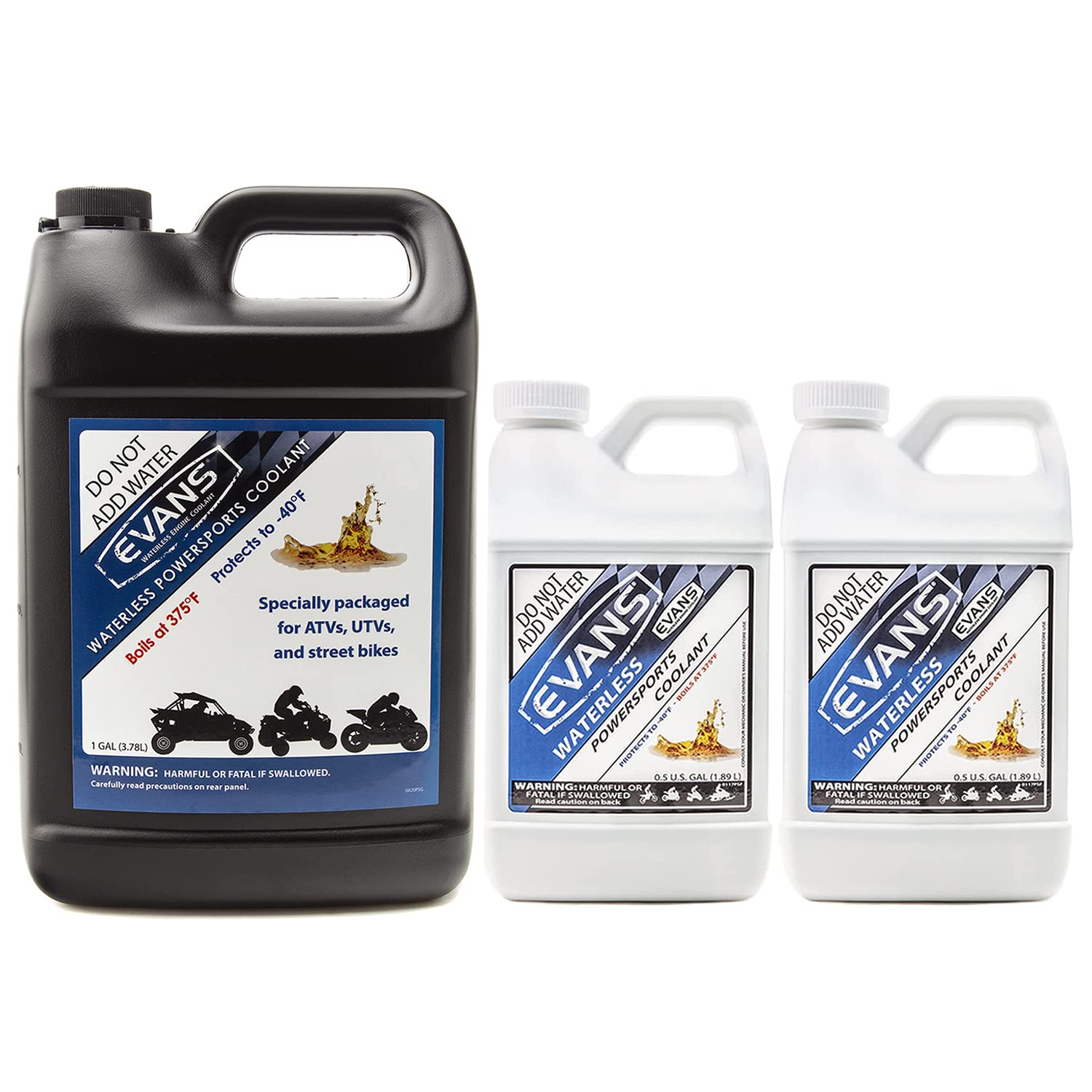 EVANS Coolant Powersports Waterless Engine Coolant - 1 Gallon + Two 1/2 Gallon Bottles Combo Pack - High Performance Coolant for Motorcycles, ATVs, UTVs & Powersports Vehicles - Prevents Overheating & Corrosion