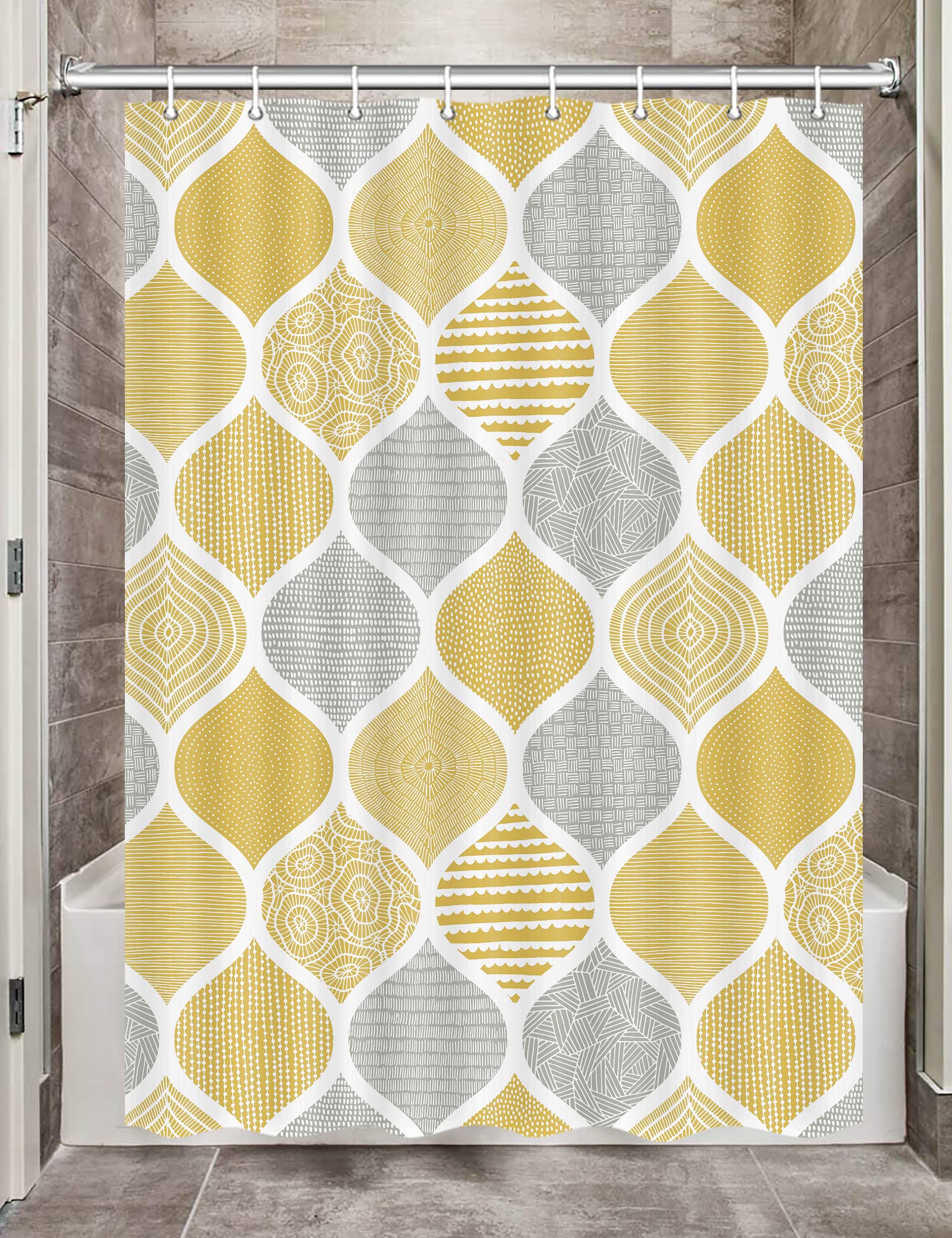 Boho Yellow and Grey RV Shower Curtain Set - 47x64 Inch Waterproof Fabric Bathroom Curtain with Hooks for Travel Trailer, Camper, Tiny House | Vintage Camping Decor for Outdoor Adventures & Cozy Home Bathrooms