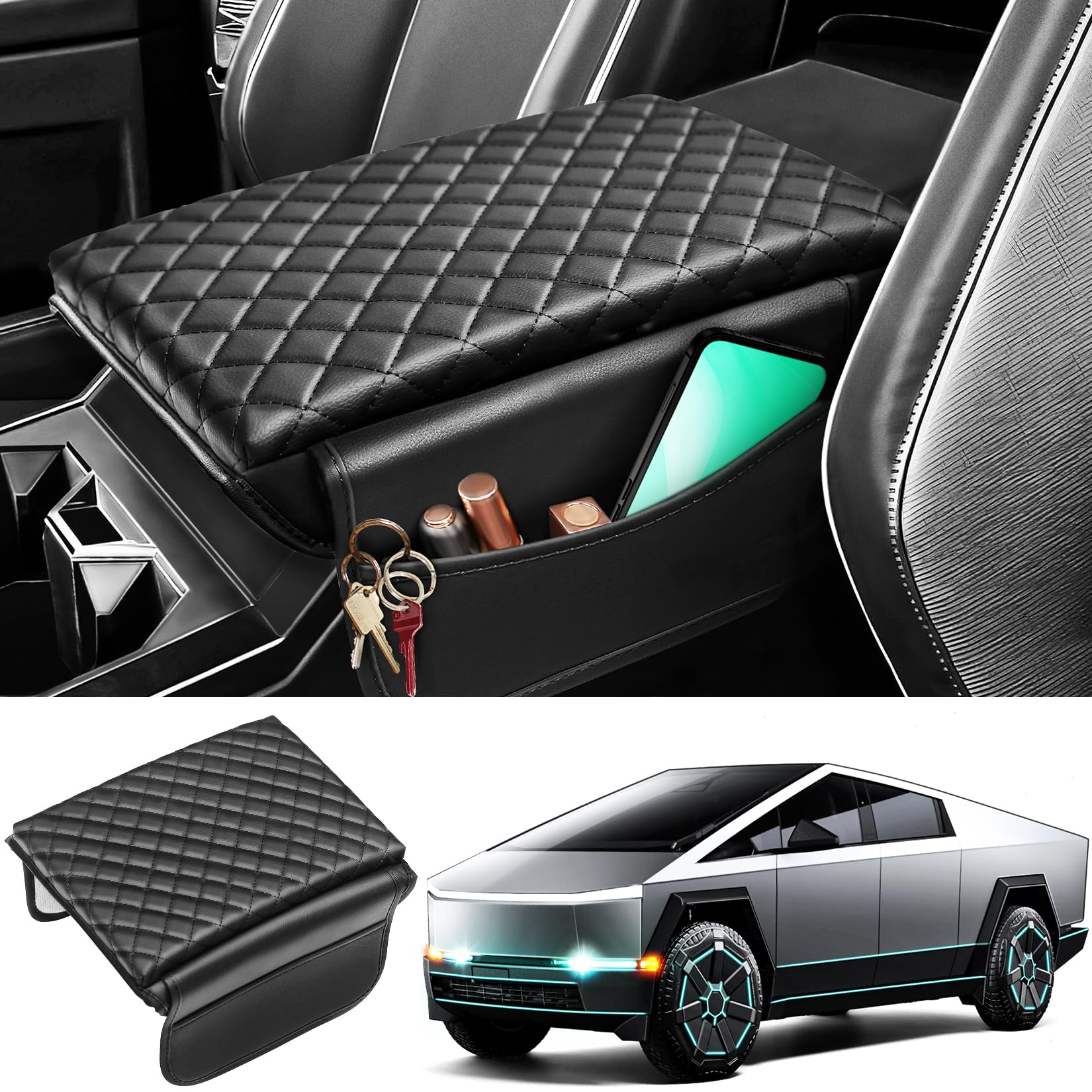 Premium Leather Console Armrest Cover with Side Pockets for Tesla Cybertruck 2023-2024 - Anti-Scratch Protector & Interior Accessory for Comfortable Driving Experience