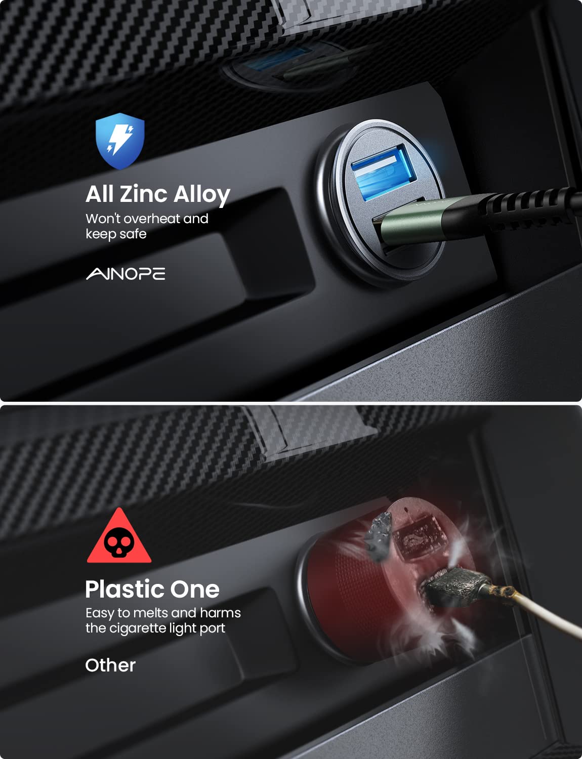 AINOPE 2-Pack 4.8A Fast Mini USB Car Charger Adapter - Dual Port Metal Cigarette Lighter Charger for iPhone 16/15/14/13/12/Pro Max/8 Plus/XR, Samsung Galaxy S24/S23/S10, iPad - Silver | Perfect for Road Trips & Daily Commuting