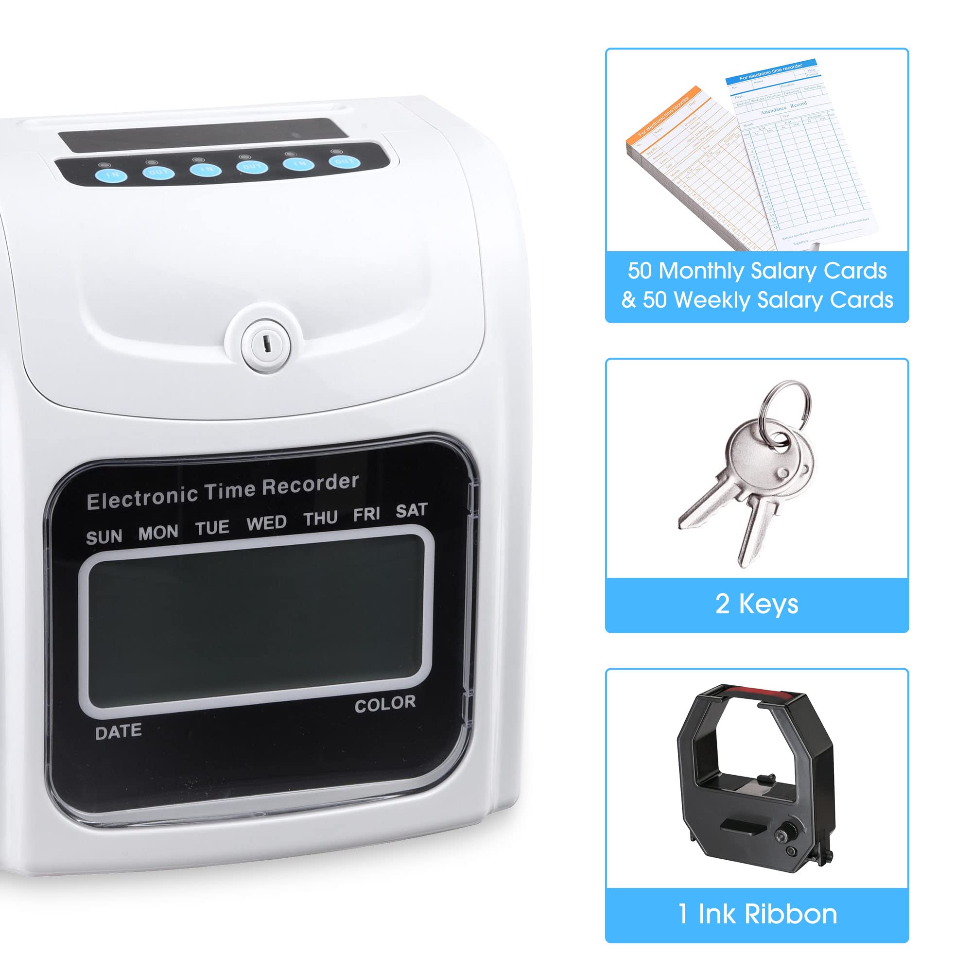 Yescom Employee Attendance Punch Time Clock with LCD Display & 100 Cards - Biometric Payroll Recorder for Small Business Time Tracking - Perfect for Offices, Retail Stores, and Warehouse Staff Management