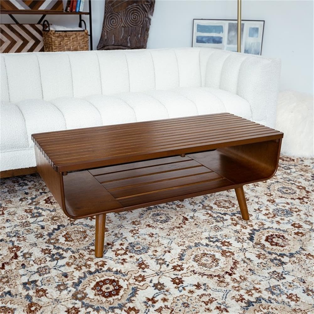 Allora Mid Century Modern Coffee Table - Solid Wood Brown Finish for Living Room, Lounge & Office - Stylish & Durable Home Decor Furniture