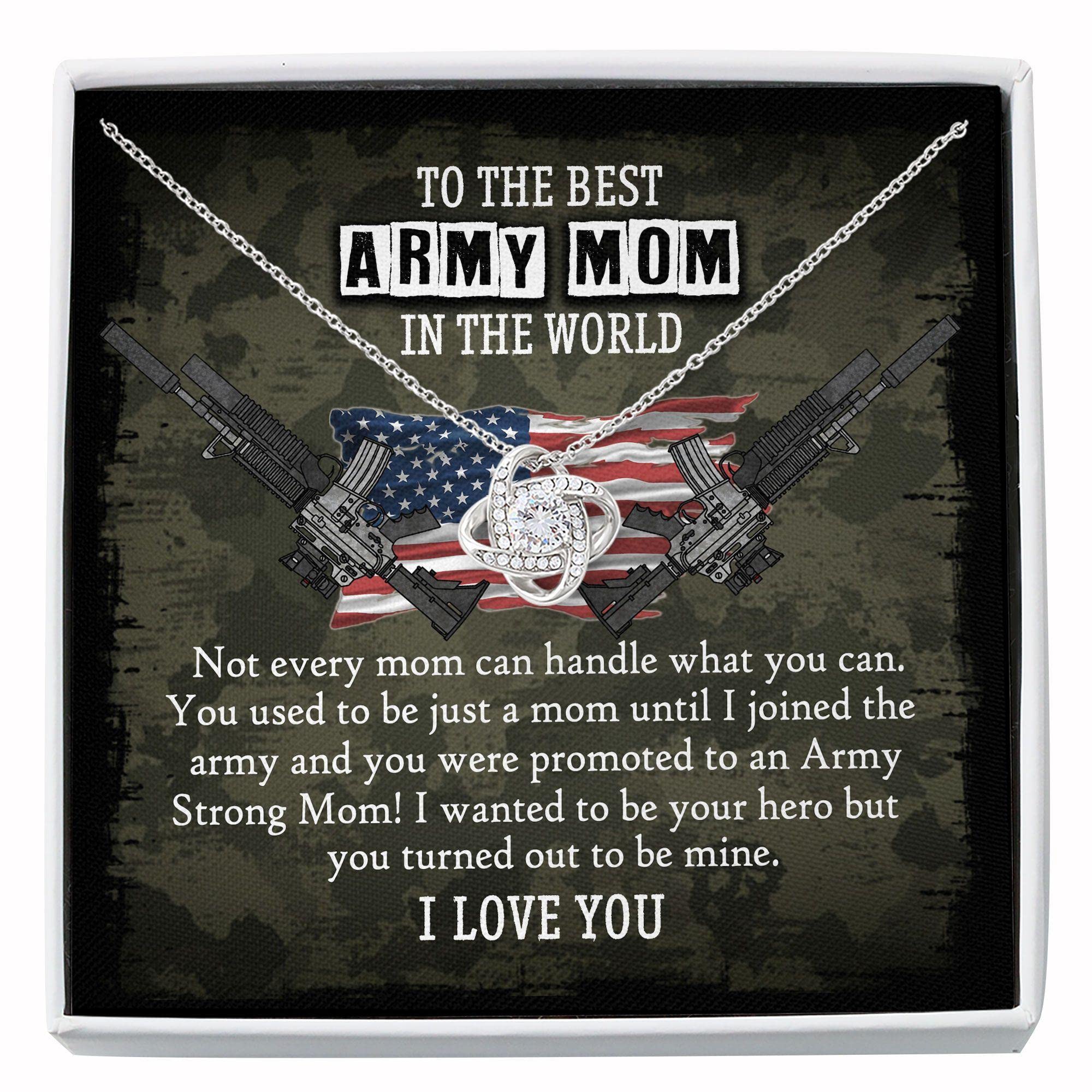Proud Army Mom Necklace - Love Knot Jewelry Gift for Military Mothers | Mother's Day, Birthday & Special Occasion Gifts | Comes with Elegant Gift Box & Card | Perfect for Deployment, Homecoming & Everyday Wear