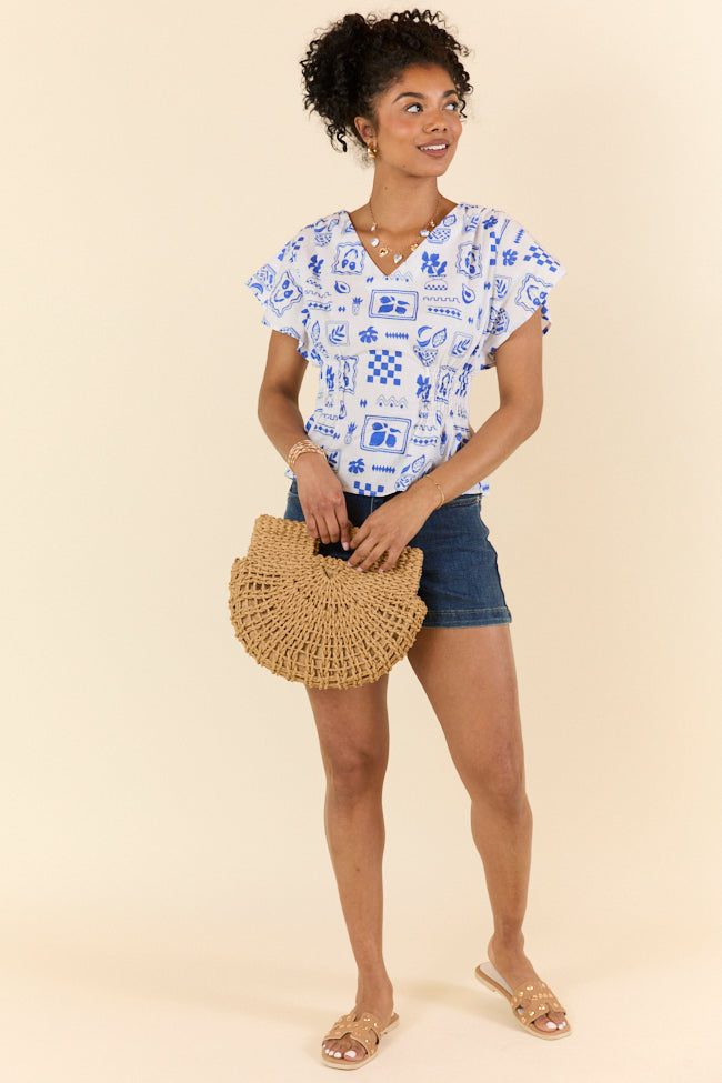 Missed You Blue Icon Printed Cinched Waist Woven Blouse for Women | Stylish Office & Casual Wear | Perfect for Work, Dates & Everyday Outfits