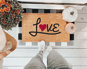 Red & Black Heart Vinyl Coir Doormat - Non-Slip Welcome Mat for Front Door, Porch, Entryway - Indoor/Outdoor Use