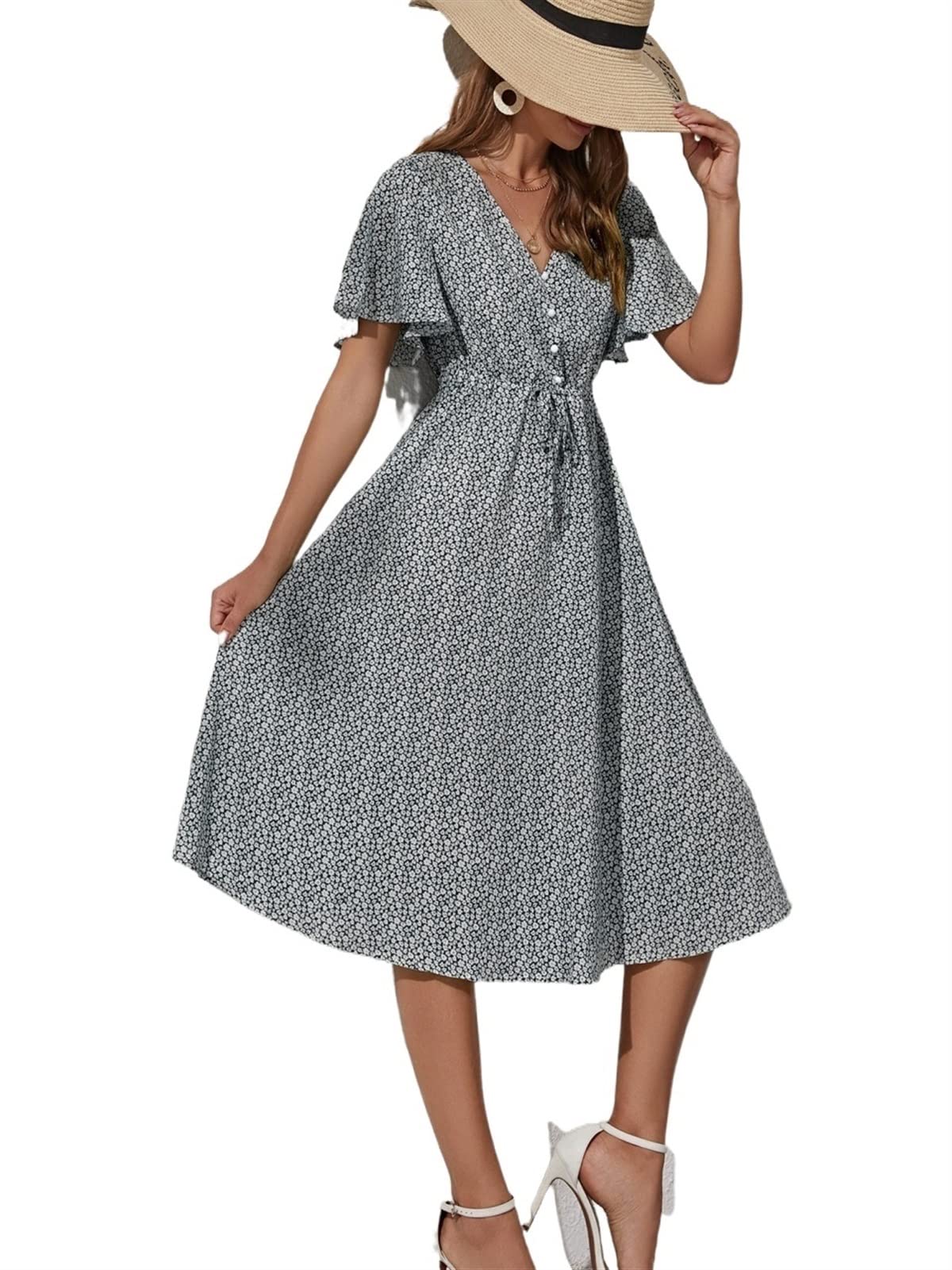 VIYAN Women's Floral Summer Casual Dress with Drawstring Waist | Short Sleeve A-Line Sundress | Perfect for Beach Vacations, Brunch Dates & Summer Outings