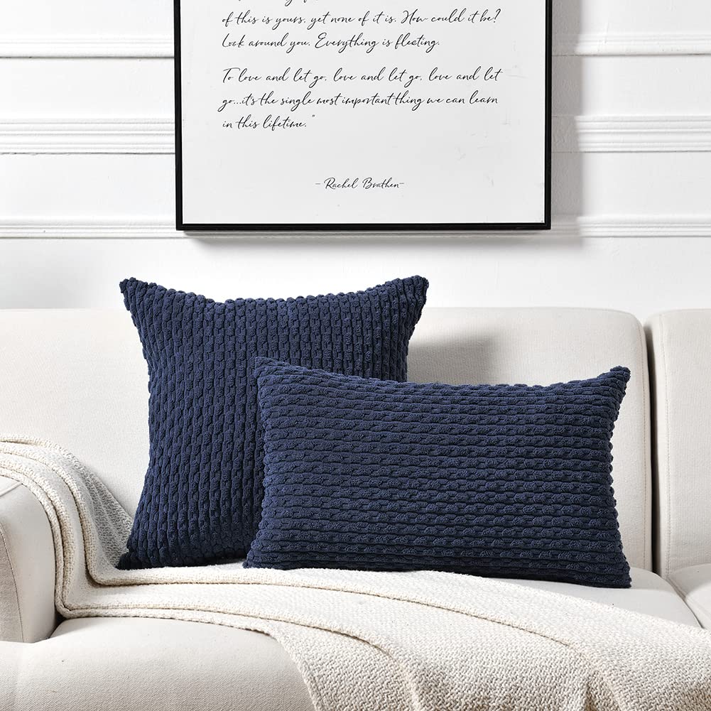 2 Pack Navy Blue Decorative Throw Pillow Covers 18x18 Inch (45x45 cm) - Soft Plush Corduroy Cushion Cases for Couch, Bed & Sofa - Modern Farmhouse Boho Home Decor - Perfect for Living Room, Bedroom & Cozy Home Styling