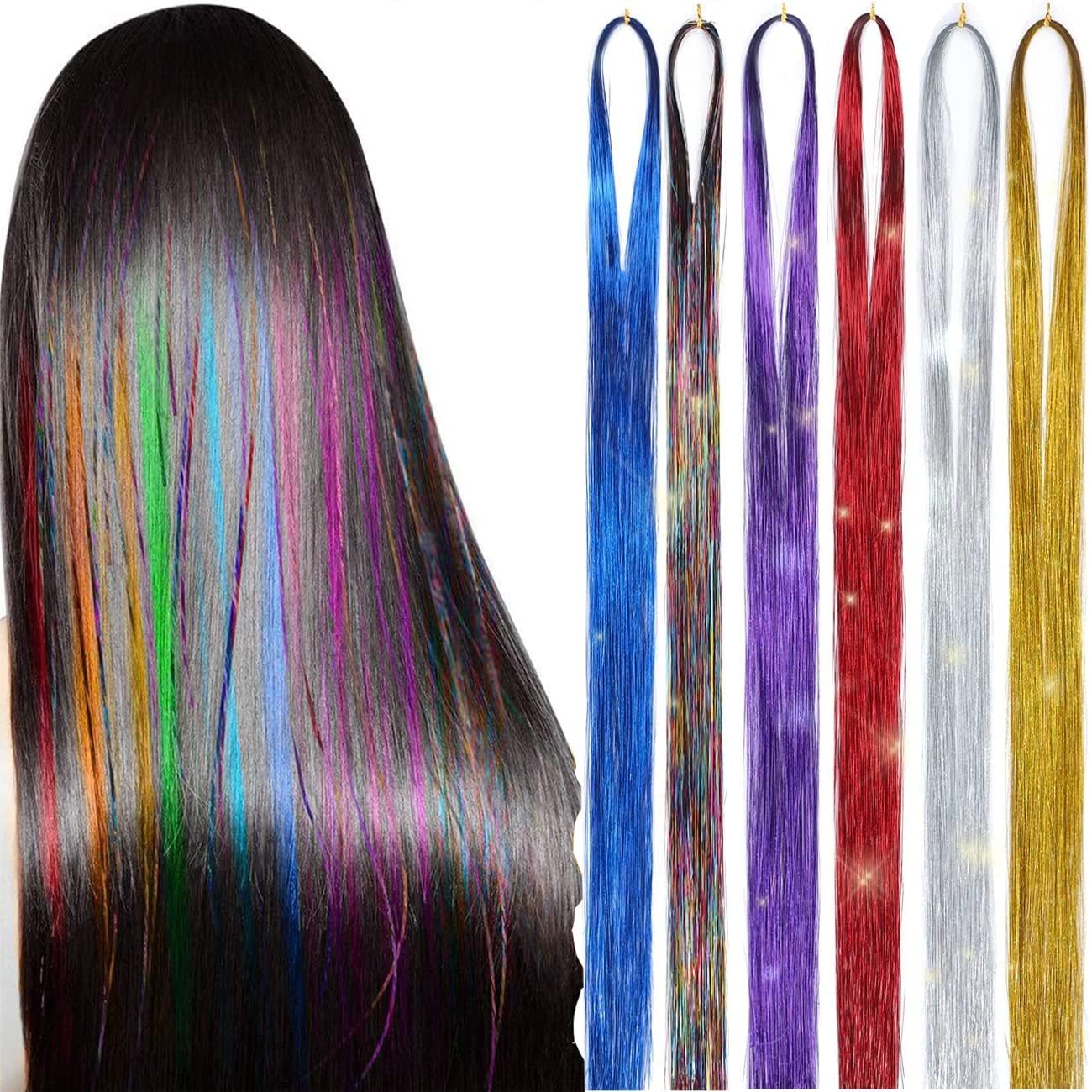 AKADO Glitter Hair Tinsel Extensions - 6 Pack Multicolor Holographic Sparkle Hair Strands for Women & Girls | Shiny Straight Hair Accessories for Parties, Festivals & Cosplay