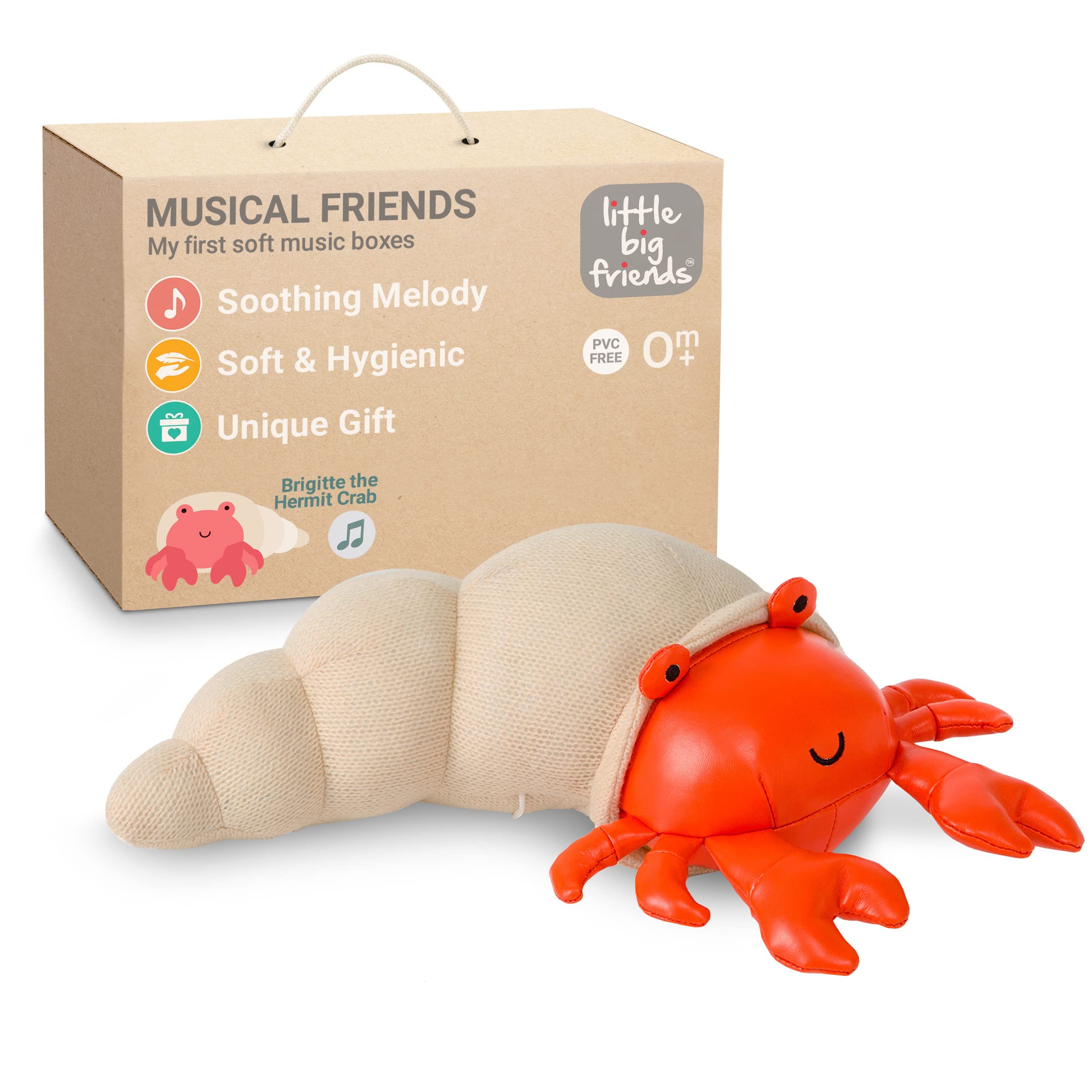 Little Big Friends Musical Stuffed Animal Toy - Pull String Cord Hermit Crab Plush for Babies & Toddlers | Easy to Clean | Interactive Learning & Sensory Play | Perfect for Nursery, Playtime & Gift Giving