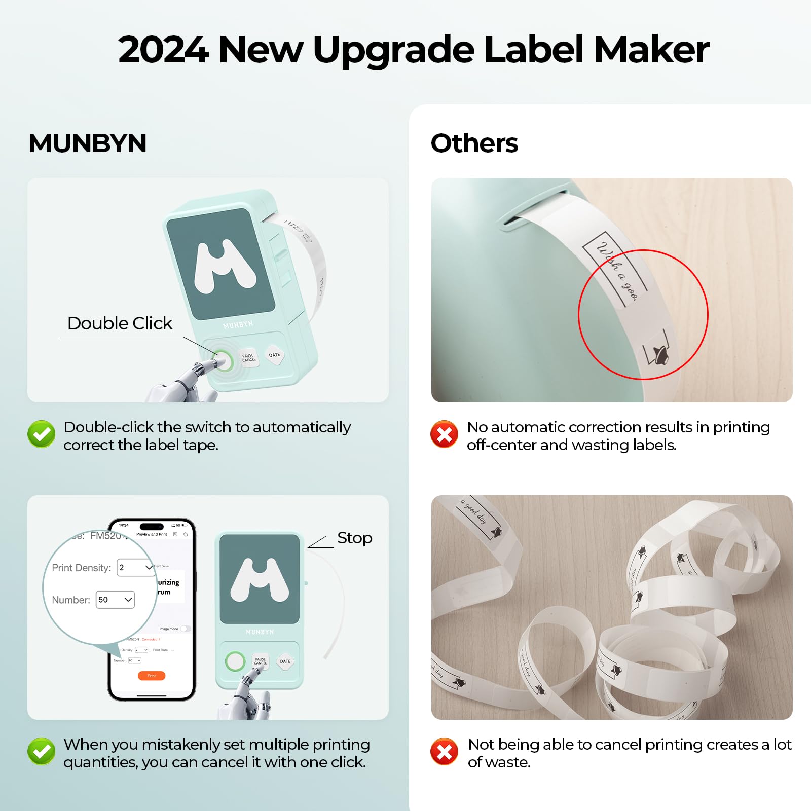 MUNBYN FM520 Bluetooth Label Printer with Tape - Portable Label Maker for Office, Home & Storage, One-Click Date Printing (Green) | Perfect for Organizing Files, Pantry & Craft Supplies