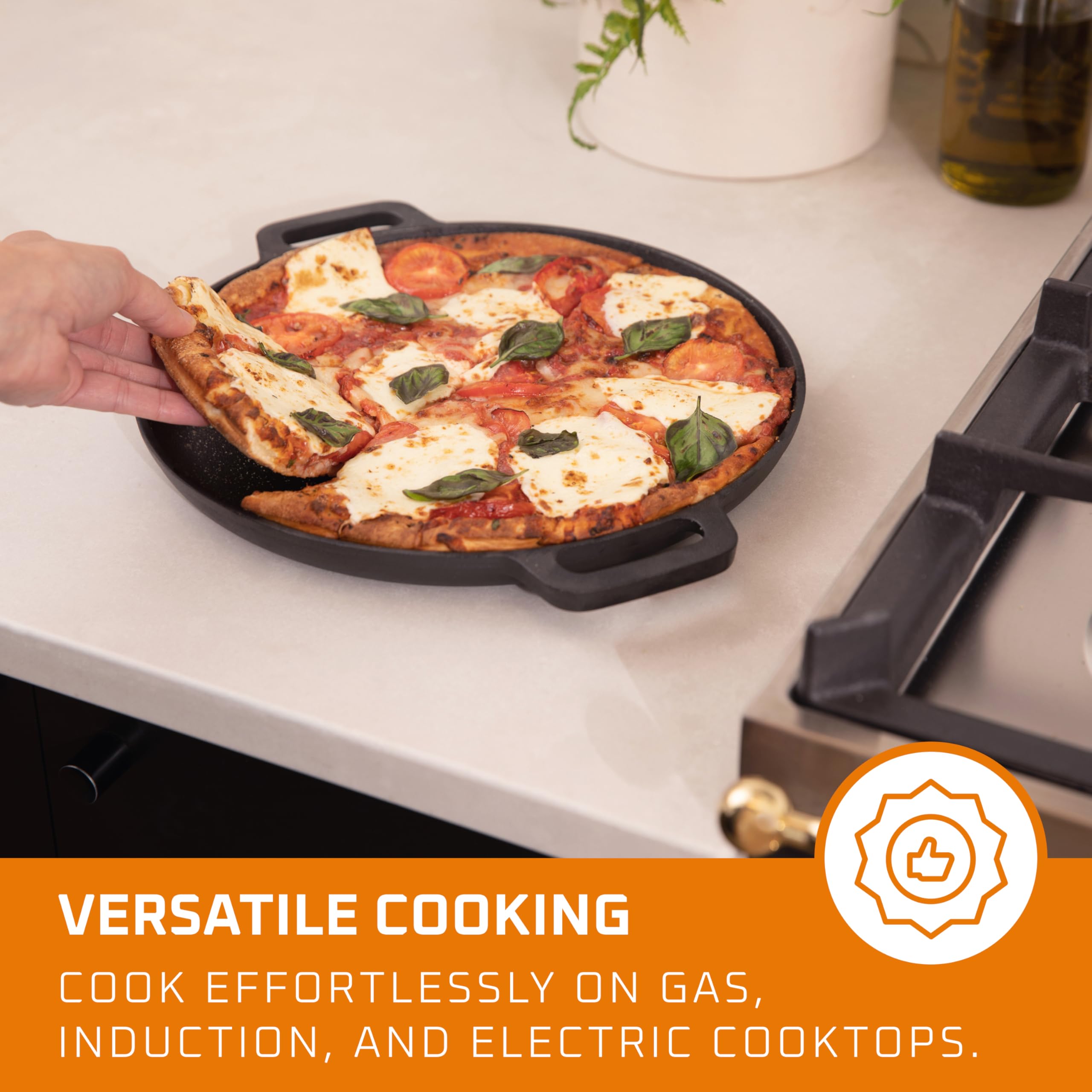 Bruntmor 12-Inch Pre-Seasoned Cast Iron Skillet Pizza Pan - Heavy-Duty Dual Handle Frying Pan for Oven, Stove & Campfire - Perfect for Outdoor Cooking, Baking & Grilling at Home, Camping or BBQ Parties