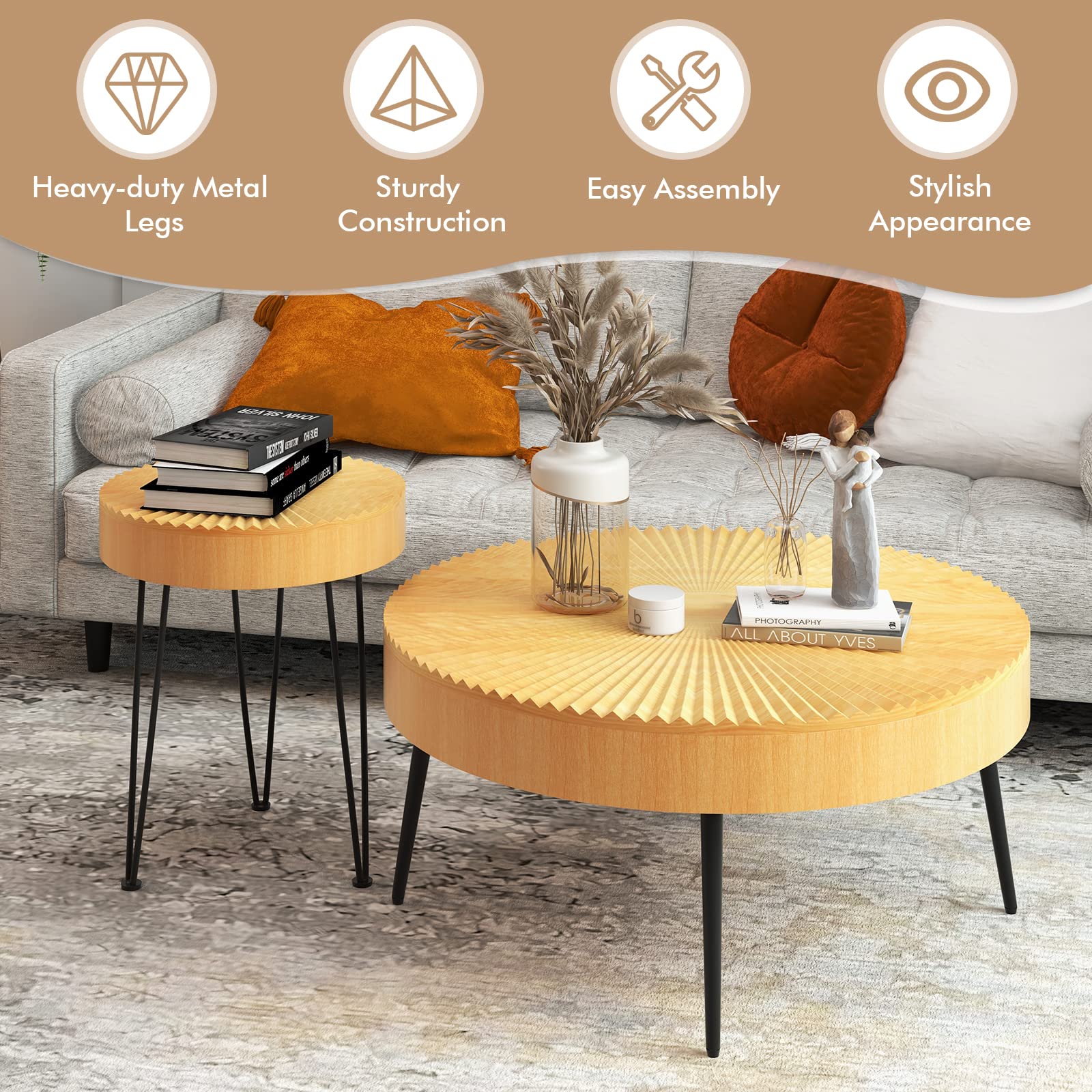 Giantex Boho Round Coffee Table Set of 2 - Solid Pine Wood Top & Metal Legs with Adjustable Foot Pads - 31.5