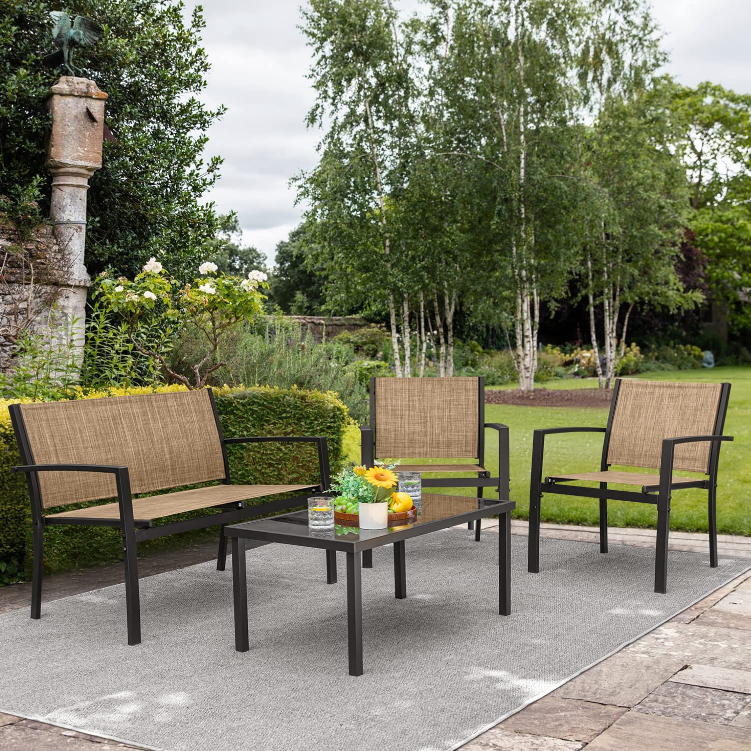 Devoko 4-Piece Outdoor Patio Furniture Set - Yellow Garden Conversation Set with Glass Coffee Table for Poolside, Lawn, Porch & Backyard Relaxation