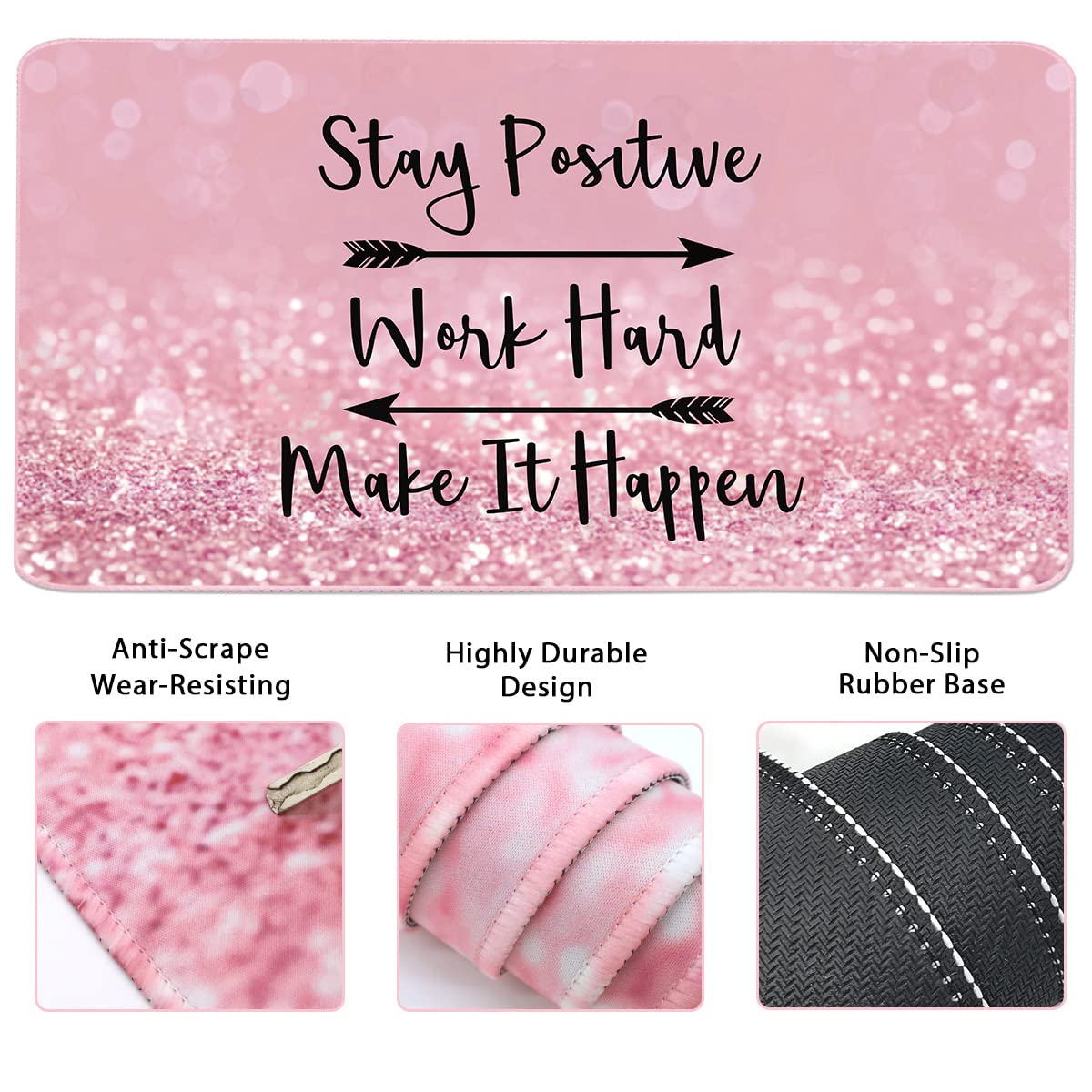 Ergonomic Keyboard and Mouse Pad Set with Memory Foam Wrist Rest - 35.4×15.7 Inch Extended Desk Mat for Comfortable Typing, Gaming & Office Work (3-Piece Set, Pink Stay Positive Design) - Perfect for Home Office, PC Gaming & Productivity Workspace