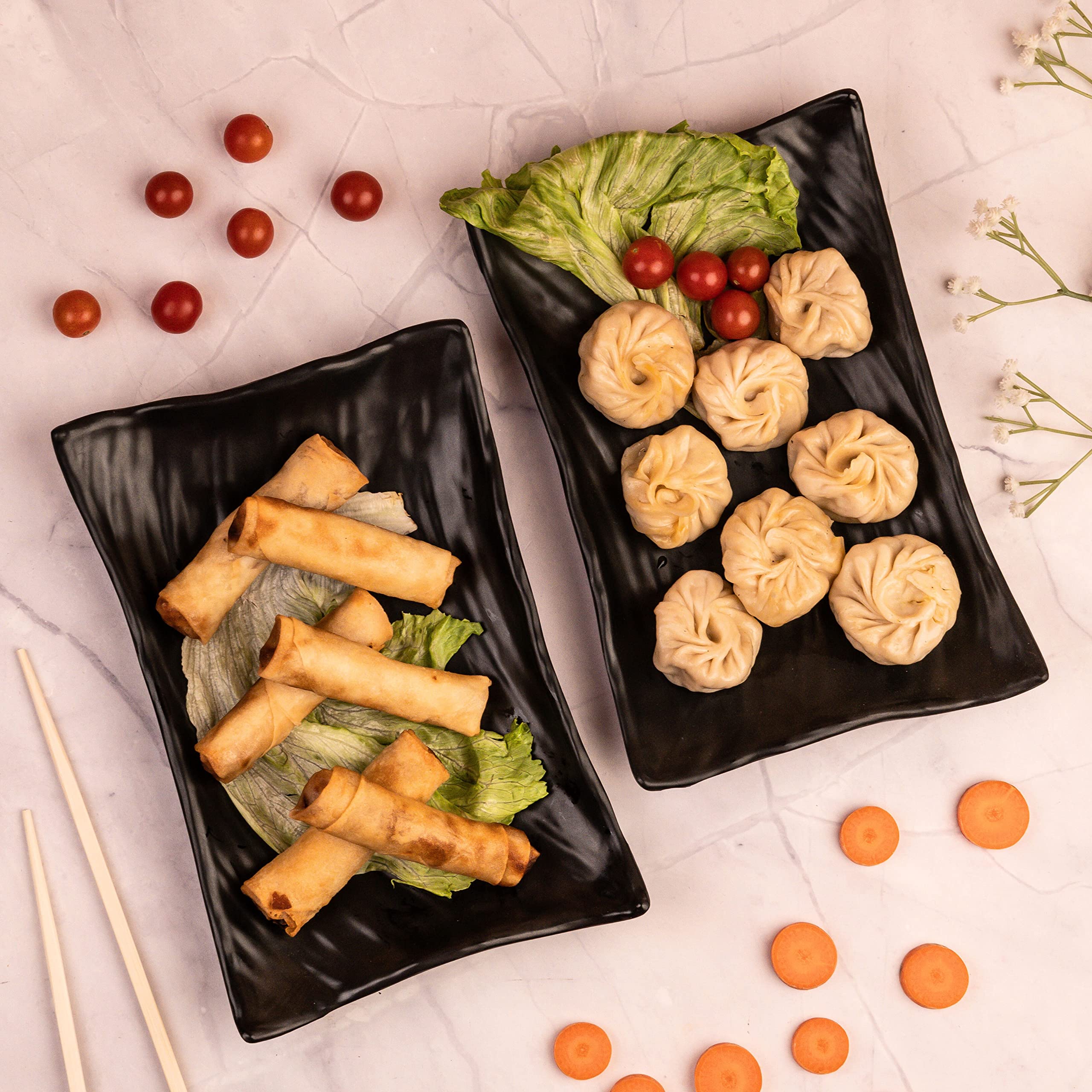 Premium Melamine Serving Platter Set of 2 - Chip & Dip Tray for Snacks, Appetizers & Desserts | Durable Matte Black Kitchenware for Parties, Entertaining & Family Gatherings