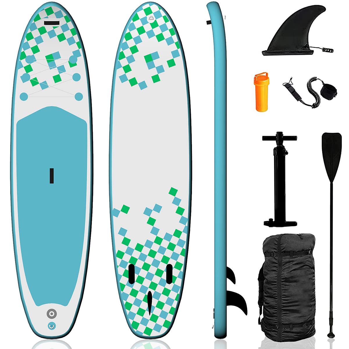 EDOSTORY Inflatable Stand Up Paddle Board (SUP) with Full Accessories Kit - Non-Slip Deck, Adjustable Aluminum Paddle, 3 Removable Fins, High Pressure Pump, Carry Backpack & Safety Leash - Perfect for Yoga, Fishing, Surfing & Family Fun on Lakes, Rivers & Oceans