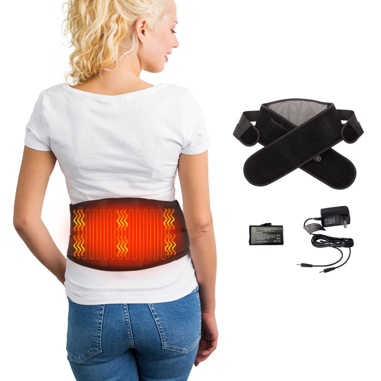 Wireless Heating Pad for Back Pain Relief - 7.4V 4400mAh Rechargeable Battery with 3 Heat Levels & 3 Vibration Modes - Heated Back Brace for Lumbar, Abdomen, Stomach & Waist Cramps - Perfect for Home, Office & Travel Use