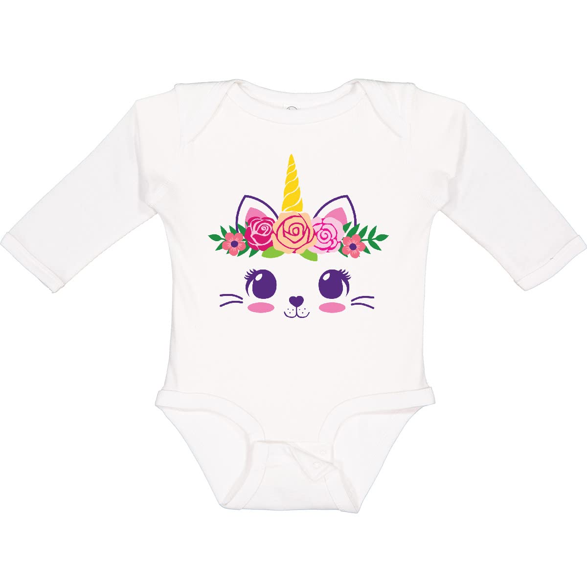 Inktastic Cute Unicorn Cat Face with Flowers Long Sleeve Baby Bodysuit - Soft Cotton Onesie for Newborns & Infants - Perfect for Playtime, Photo Shoots & Gifts