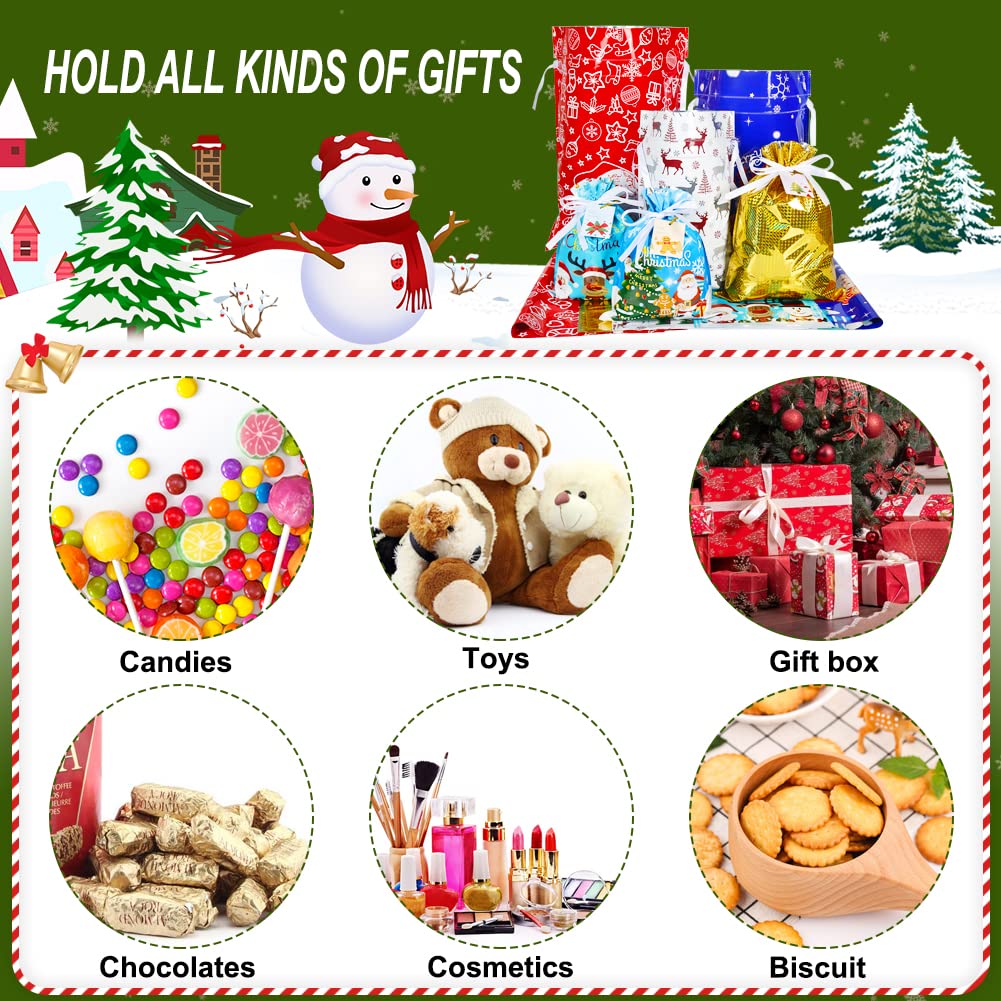 Advantez Christmas Drawstring Gift Bags - 15pcs Festive Foil Holiday Gift Bags for Christmas, Birthday, Party & Goodie Wrapping - Perfect for Holiday Presents, Stocking Stuffers & Festive Celebrations