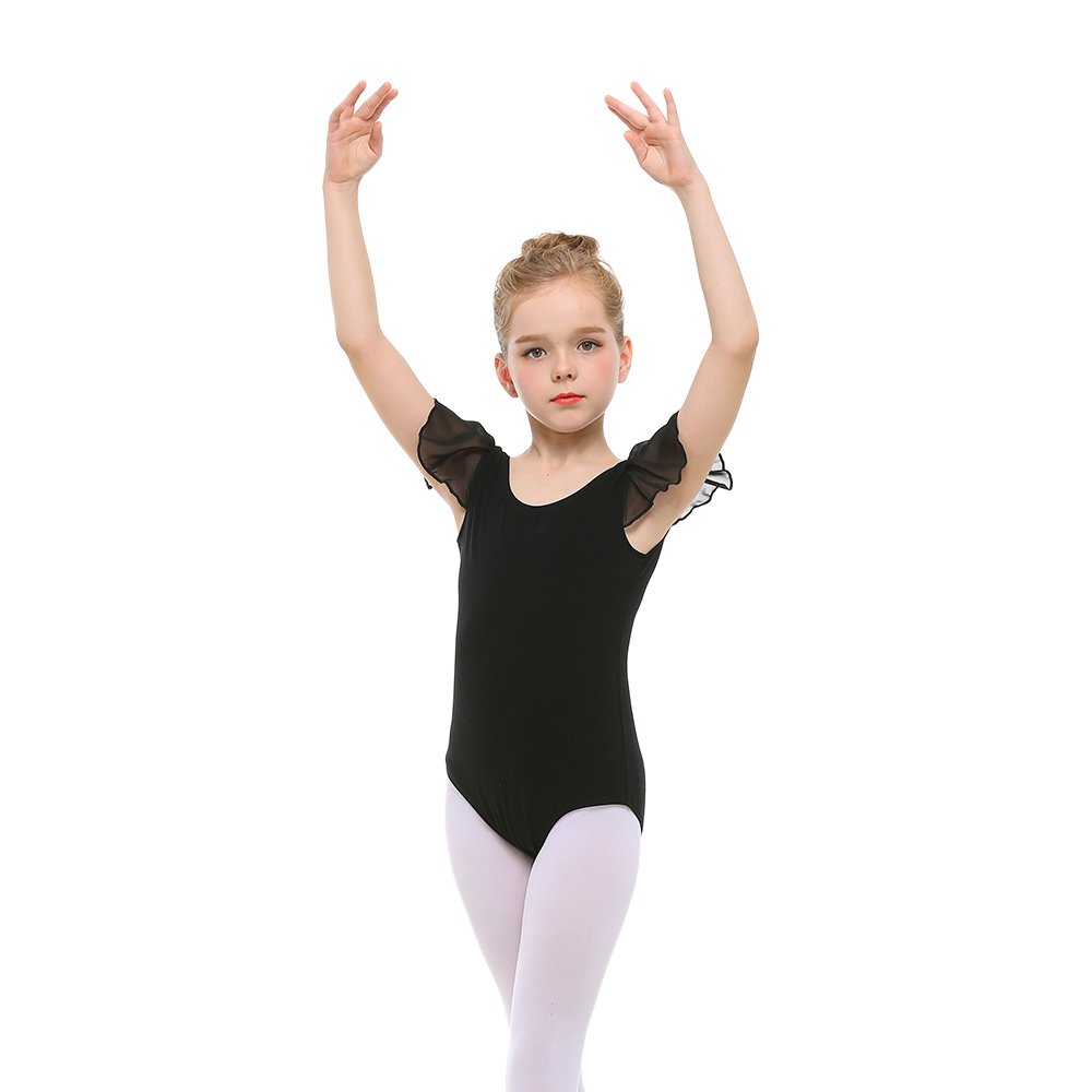 Stelle Girls Ballet Leotards - Black Ruffle Short Sleeve Dance Leotard for Toddler, Little Kid & Big Kid - Gymnastics, Ballet & Dance Performance Outfit